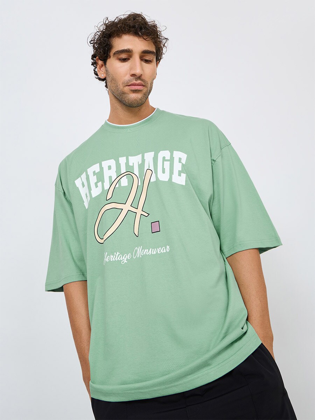 

Styli Men Printed Boxy Fit Compact Jersey T-Shirt, Green