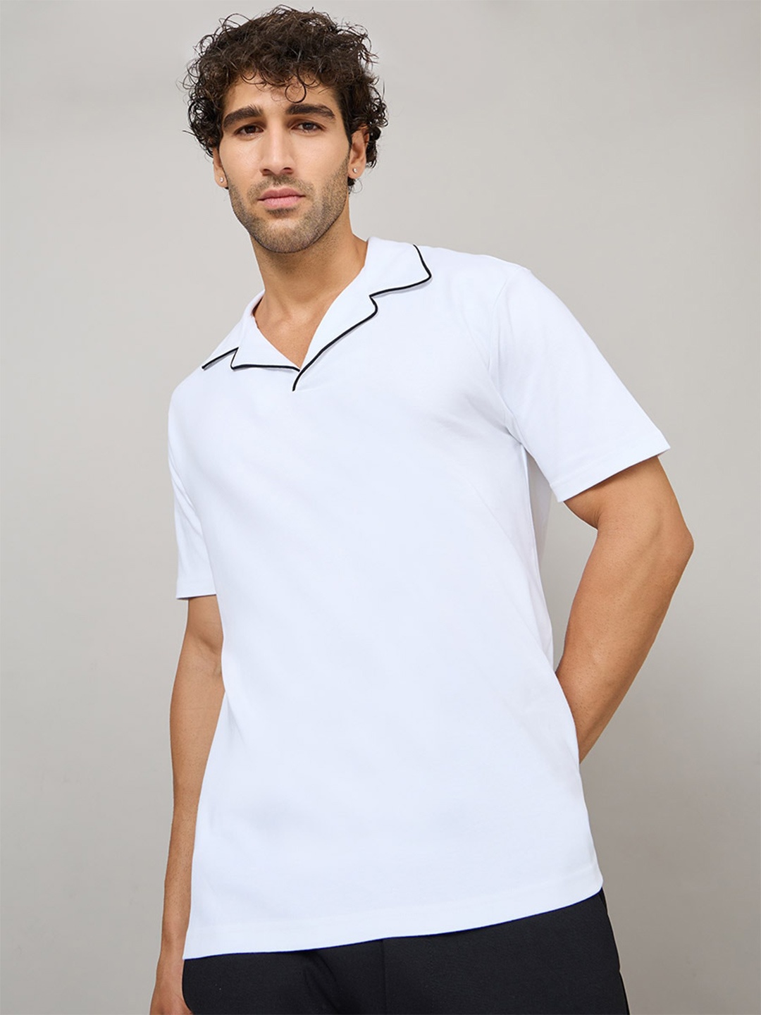 

Styli Revere Piping Detail Collar Interlock Knit Polo T-shirt, White