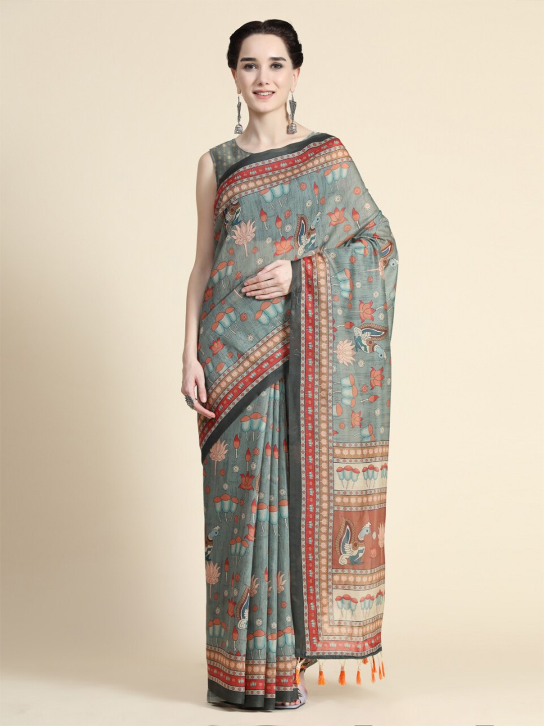 

Tasarika Floral Printed Chanderi Saree, Green