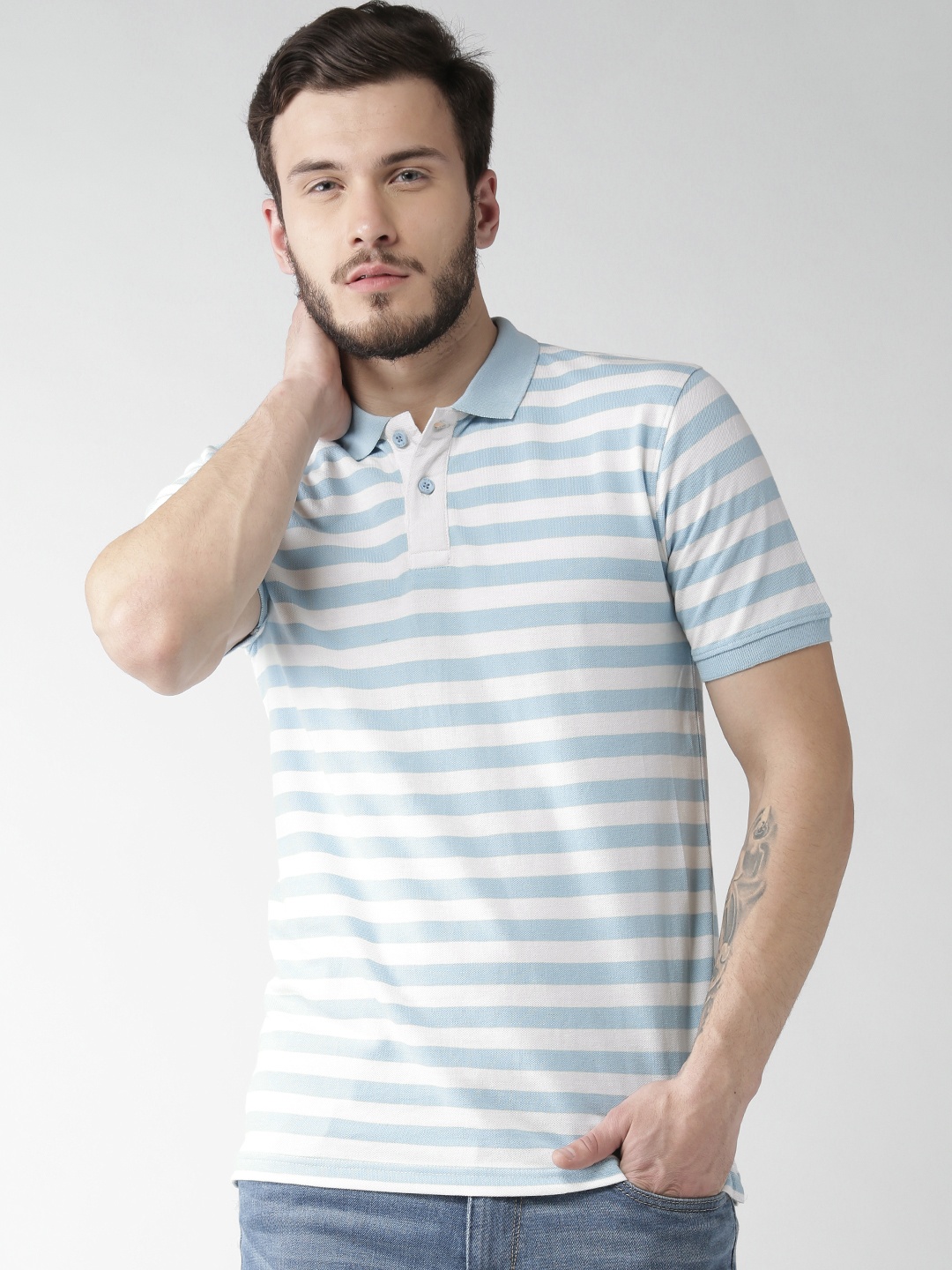 

Mast & Harbour Men Blue & White Striped Polo Collar T-shirt