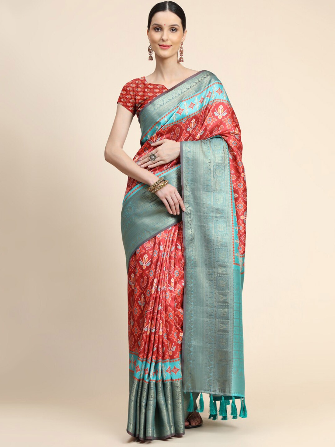 

Tasarika Ethnic Motifs Printed Zari Banarasi Saree, Red