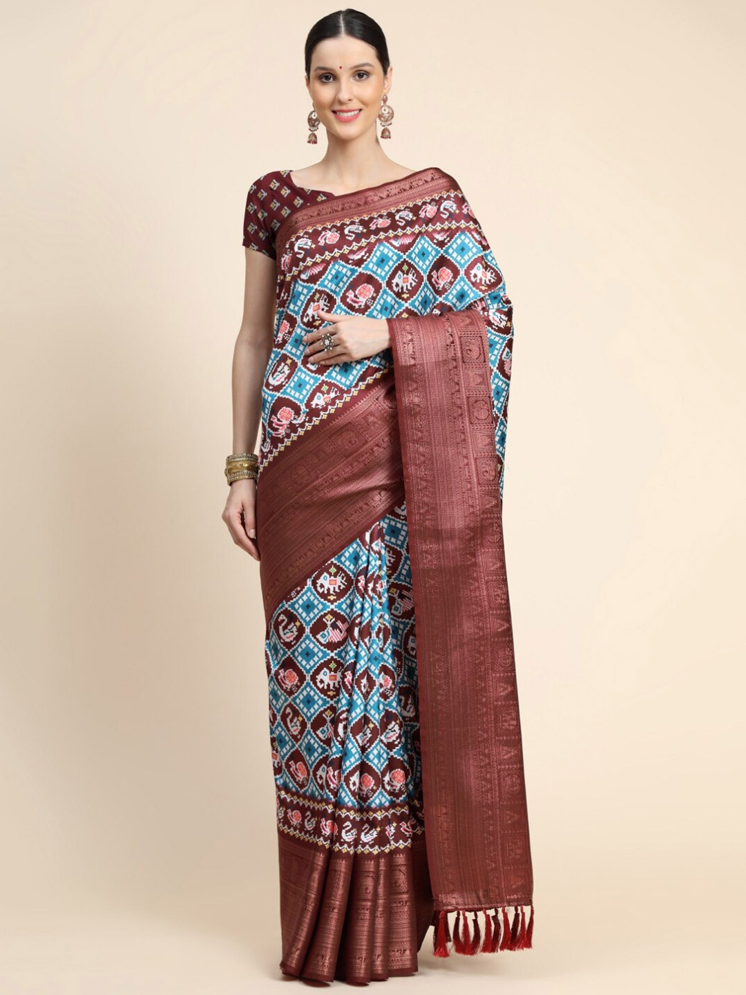 

Tasarika Ethnic Motifs Printed Zari Patola Saree, Blue