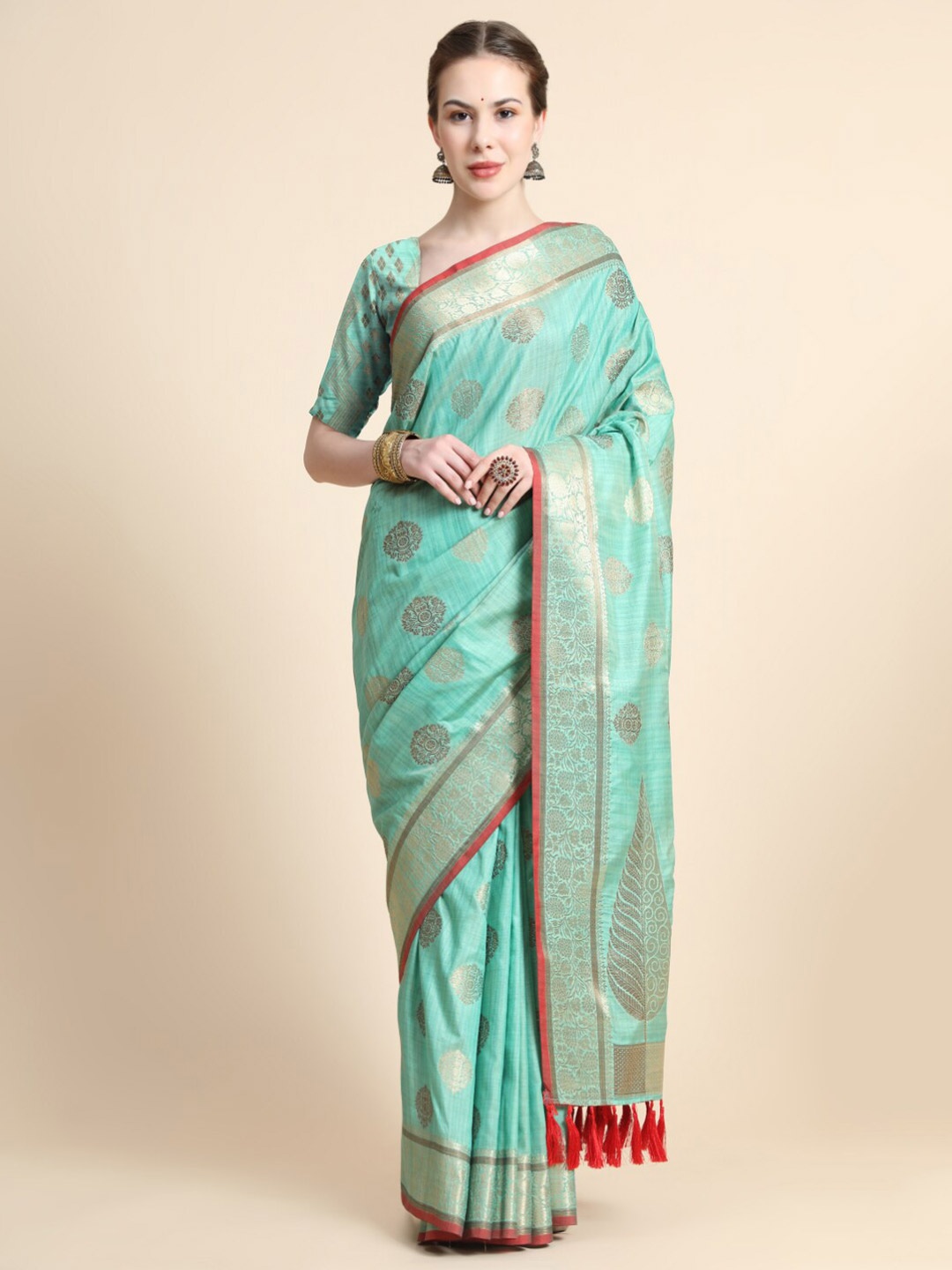 

Tasarika Floral Woven Design Zari Tussar Saree, Sea green
