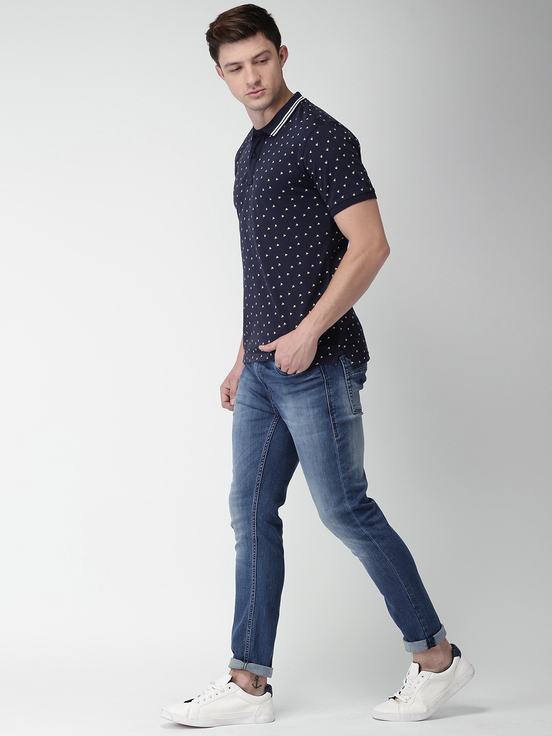 

Mast Harbour Men Navy Blue Printed Polo Collar Pure Cotton T-shirt