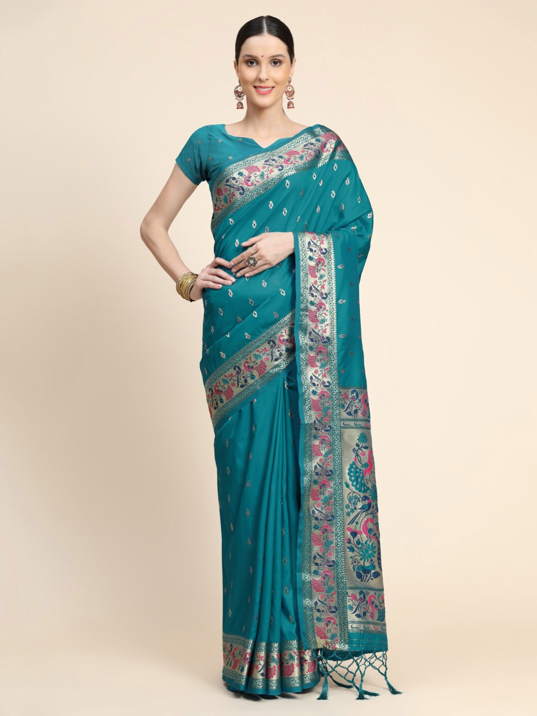 

Tasarika Ethnic Woven Design Zari Paithani Saree, Turquoise blue