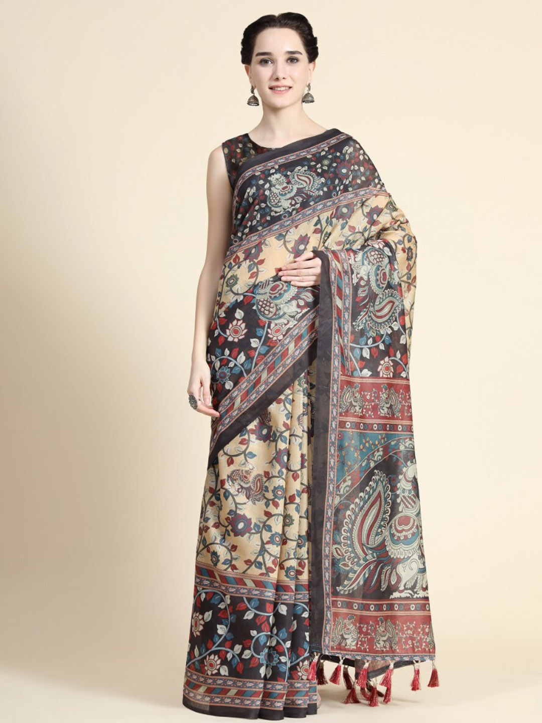 

Tasarika Kalamkari Printed Chanderi Saree, Camel brown