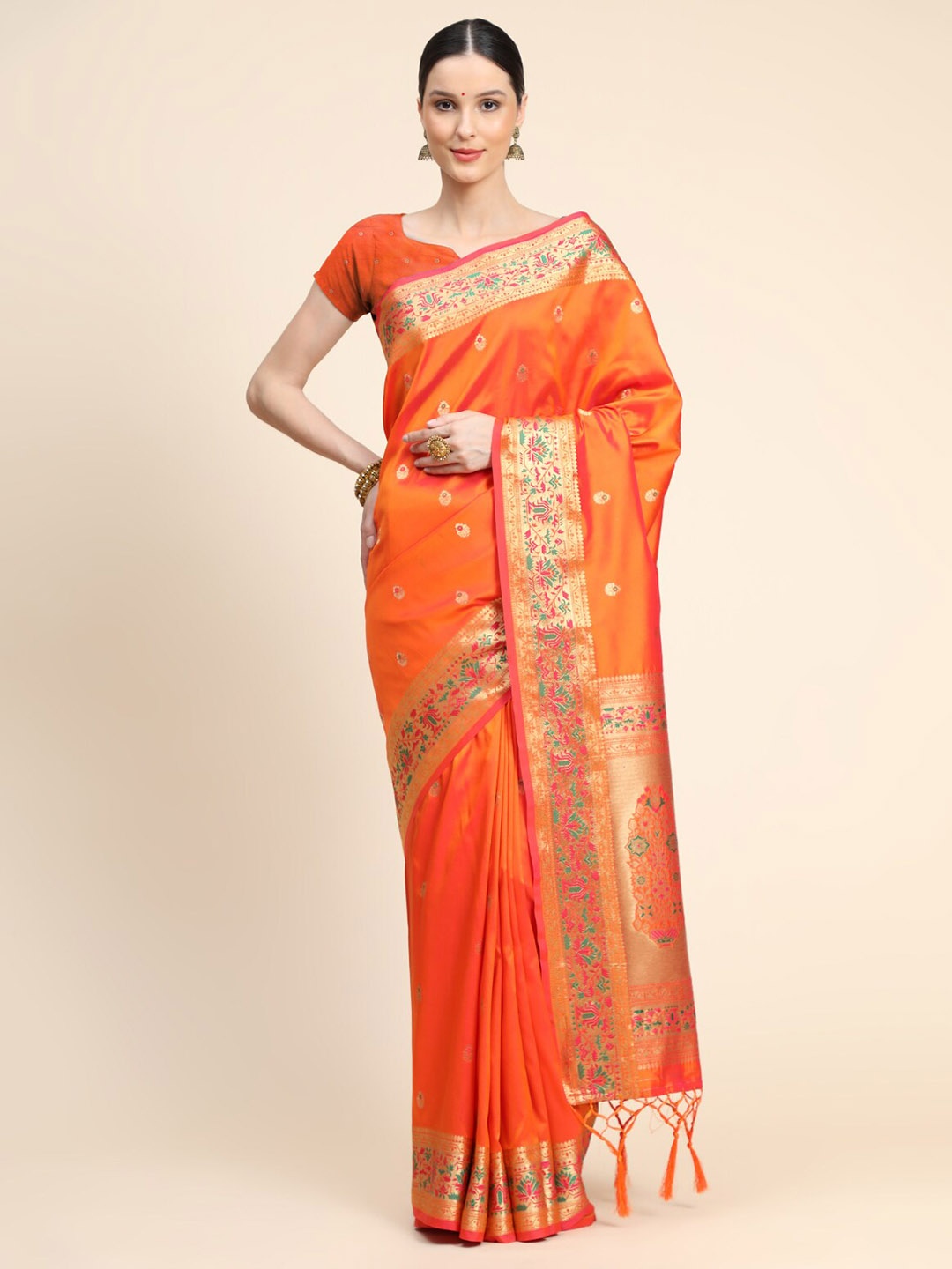 

Tasarika Floral Woven Design Zari Paithani Saree, Orange