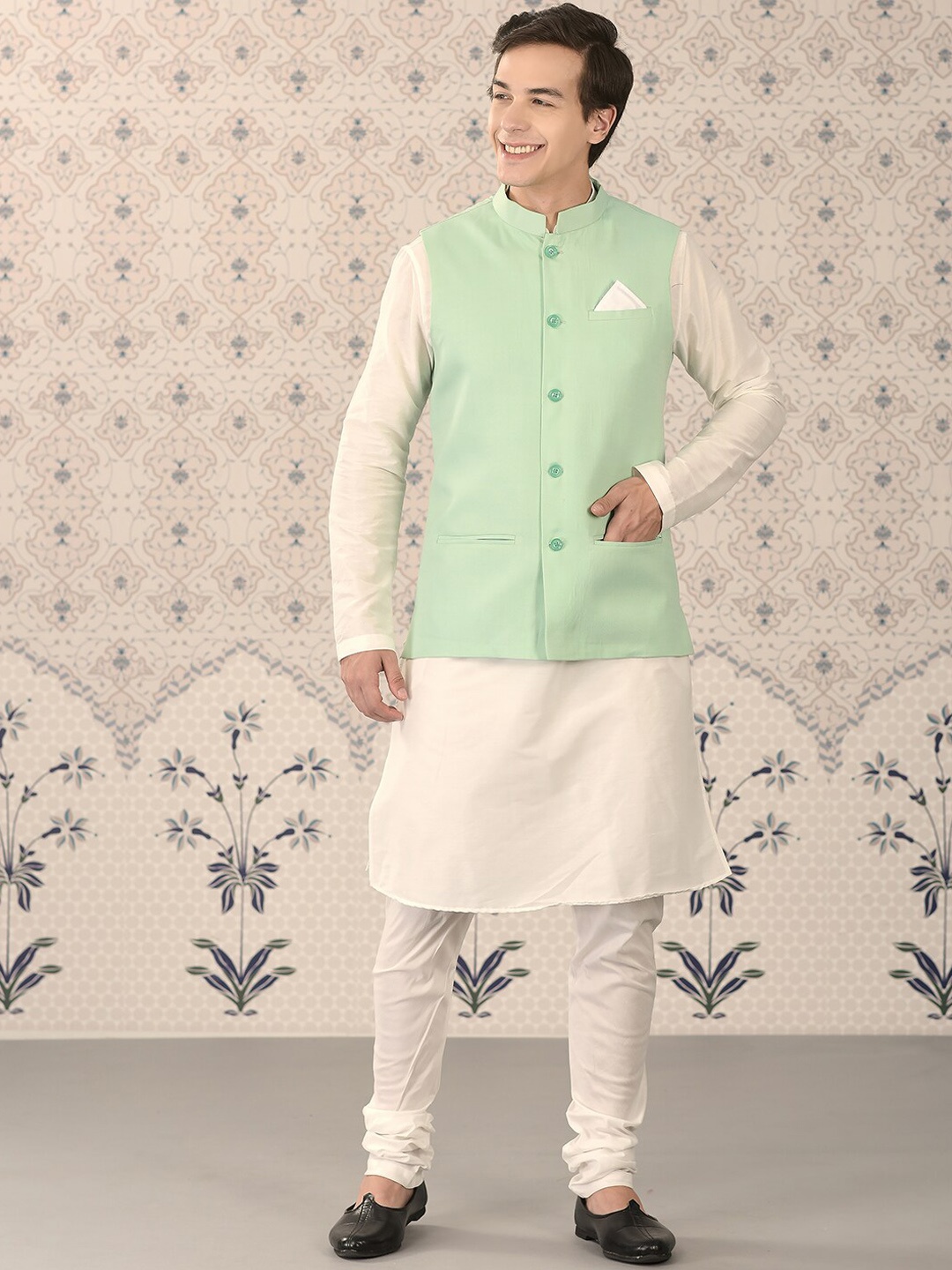 

Ode by House of Pataudi White Regular Kurta With Churidar & Nehru Jacket
