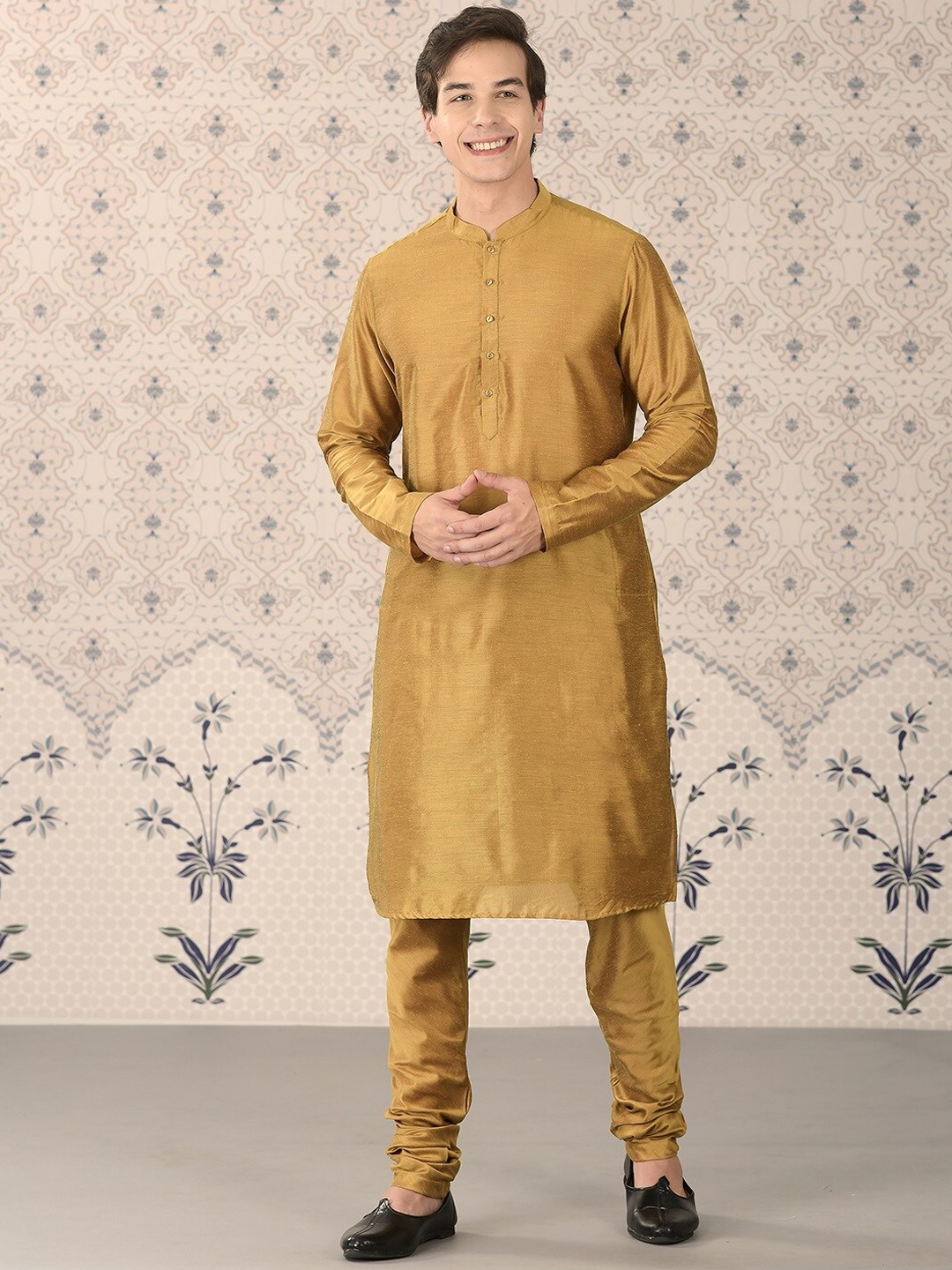 

Ode by House of Pataudi Mustard Yellow Mandarin Collar Kurta With Churidar & Nehru Jacket