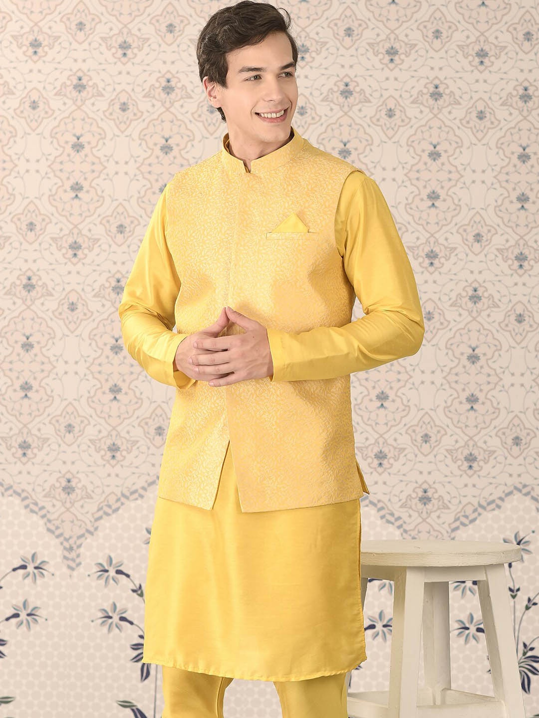 

Ode by House of Pataudi Yellow Mandarin Collar Kurta With Churidar & Nehru Jacket