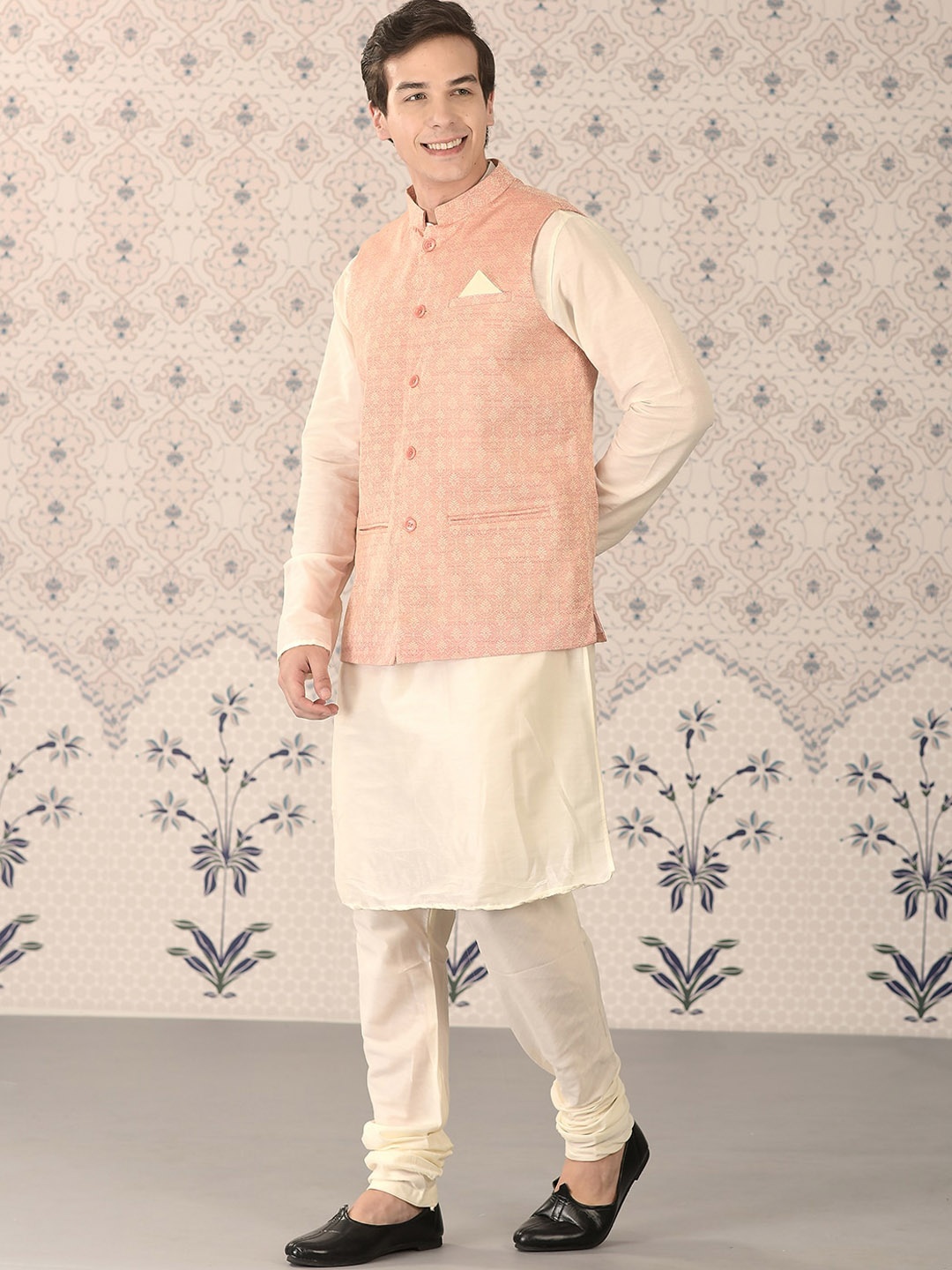 

Ode by House of Pataudi Cream Mandarin Collar Kurta With Churidar & Nehru Jacket