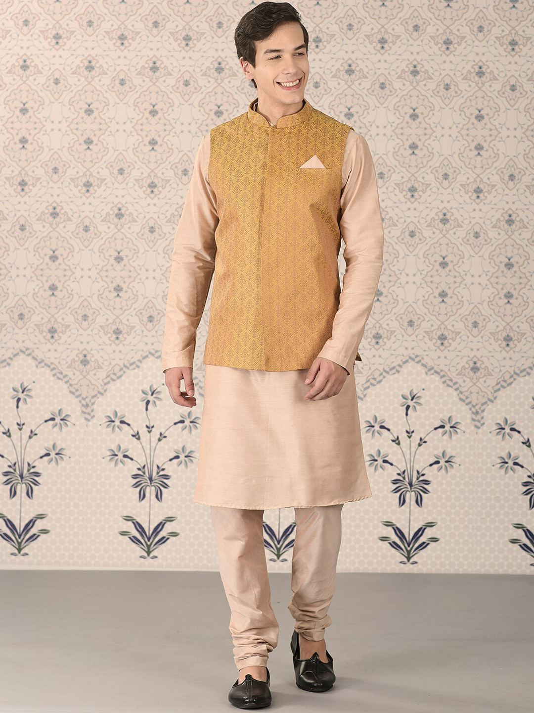 

Ode by House of Pataudi Beige Mandarin Collar Kurta With Churidar & Nehru Jacket