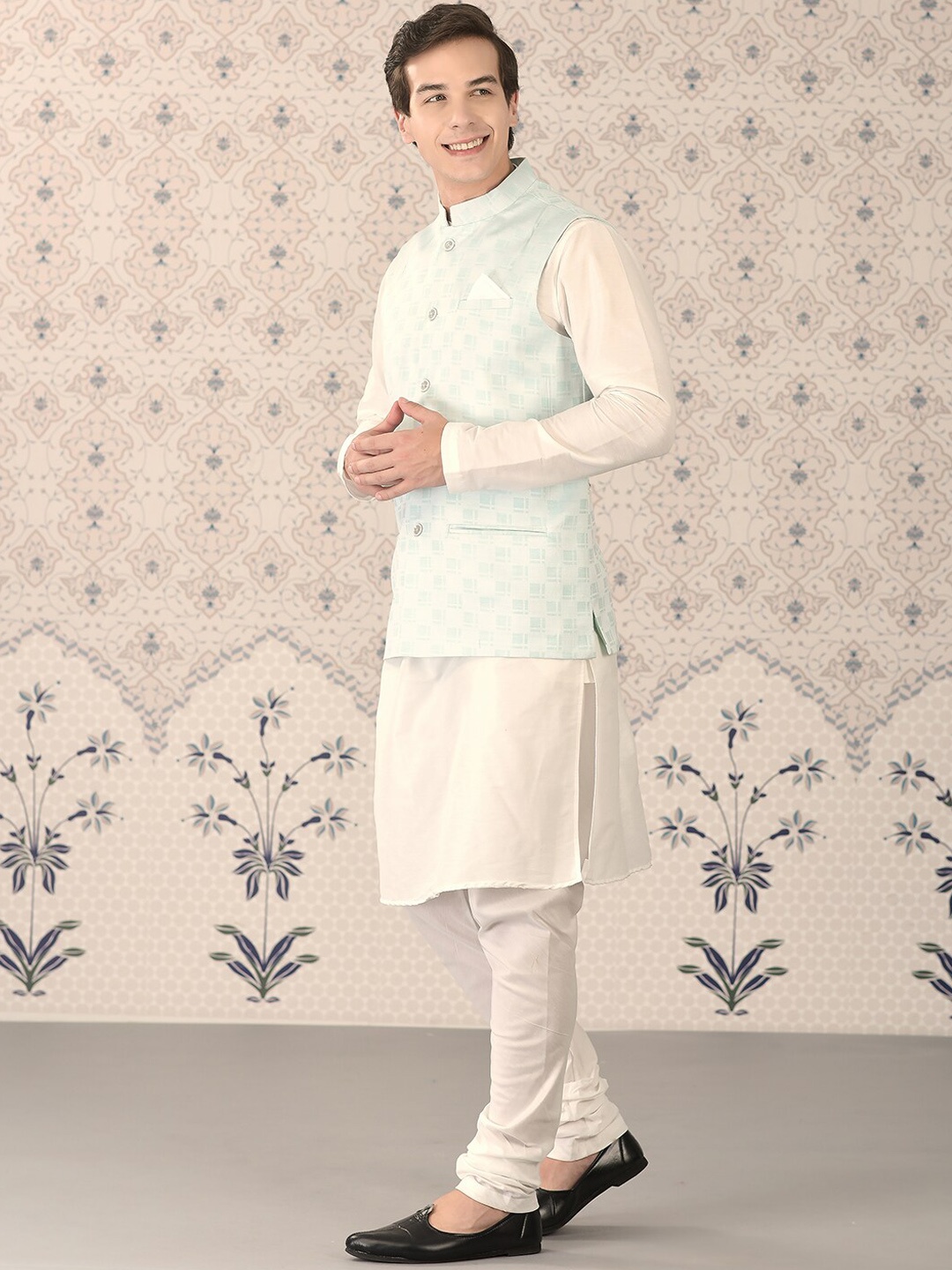 

Ode by House of Pataudi White Mandarin Collar Kurta With Churidar & Nehru Jacket