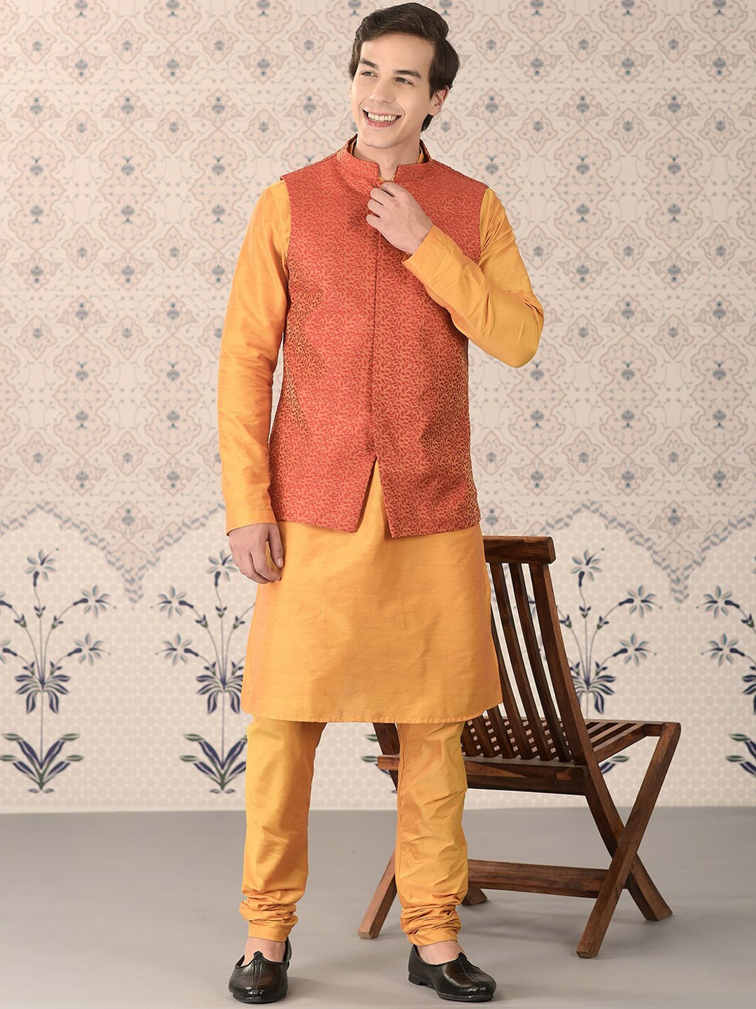 

Ode by House of Pataudi Red & Yellow Mandarin Collar Kurta With Churidar & Nehru Jacket