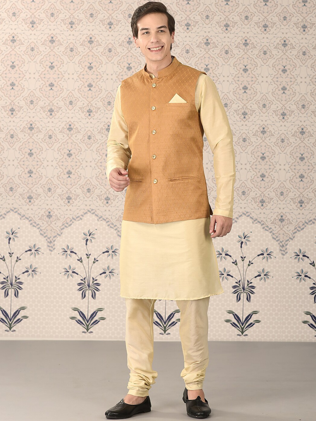 

Ode by House of Pataudi Cream Mandarin Collar Kurta With Churidar & Nehru Jacket