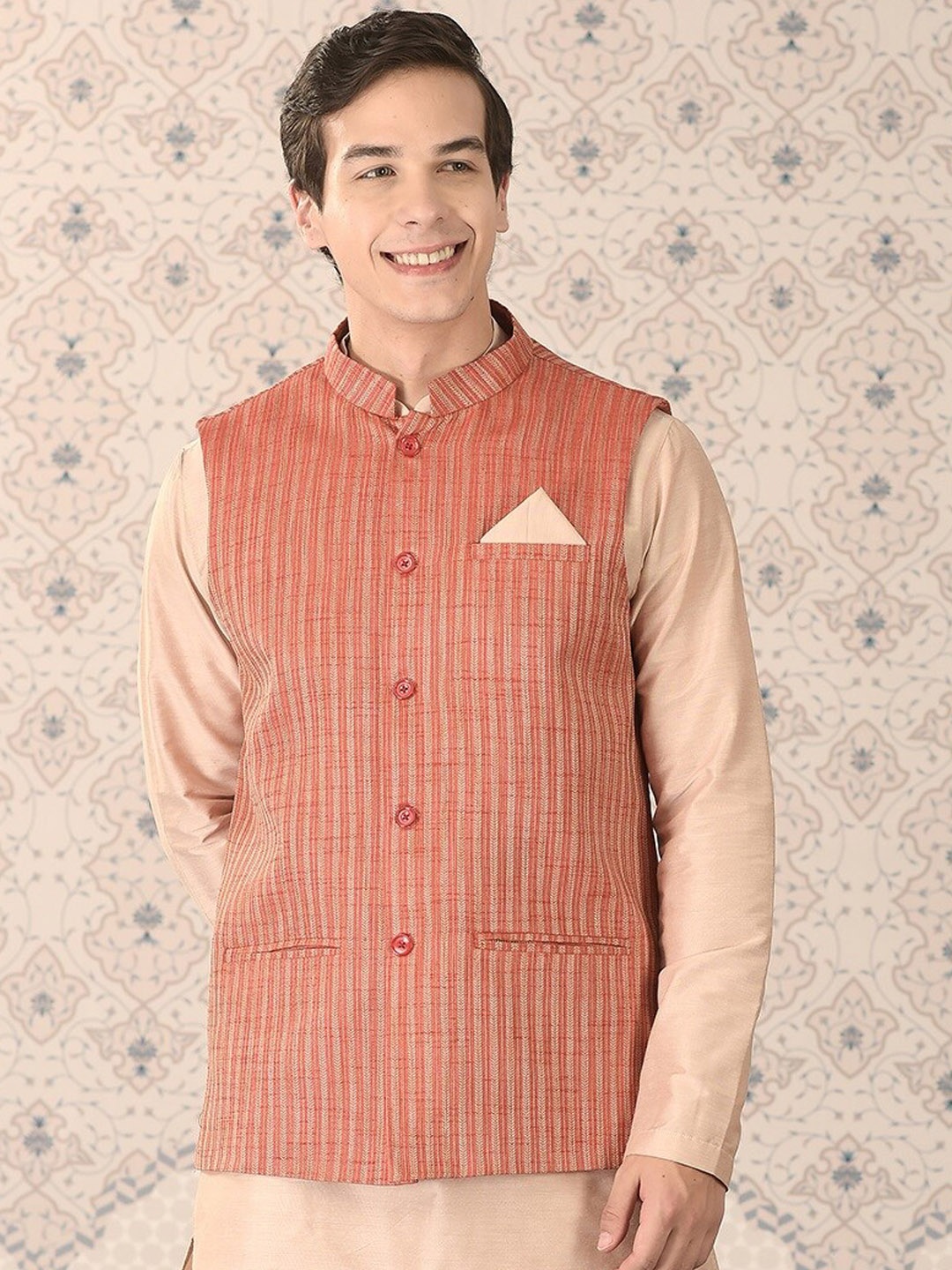 

Ode by House of Pataudi Beige Mandarin Collar Kurta With Churidar & Nehru Jacket