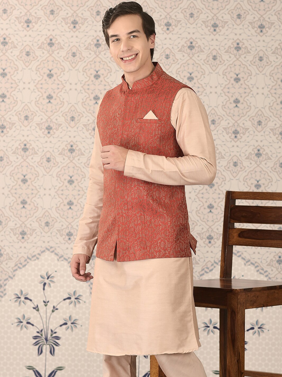 

Ode by House of Pataudi Beige & Rust Mandarin Collar Kurta with Churidar & Nehru Jacket