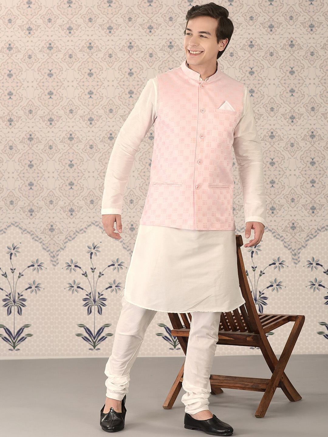

Ode by House of Pataudi Pink & White Mandarin Collar Kurta With Churidar & Nehru Jacket