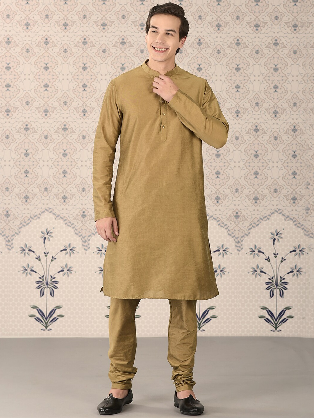 

Ode by House of Pataudi Brown Mandarin Collar Kurta With Churidar & Nehru Jacket