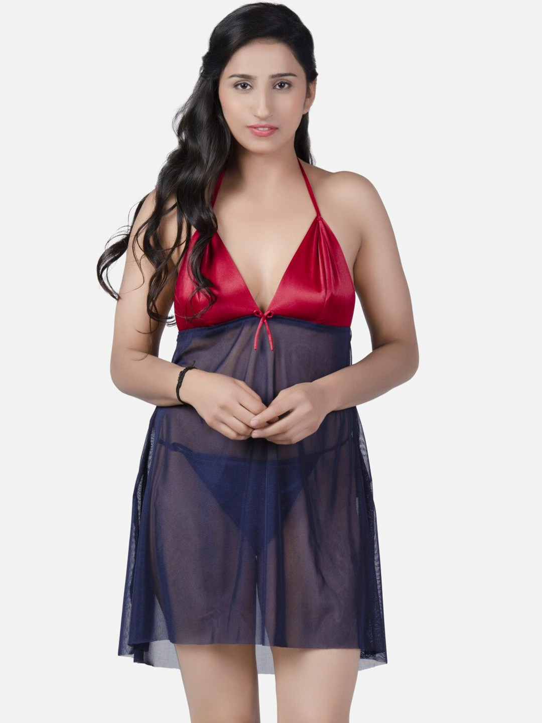 

Klamotten Halter Neck Sheer Baby Doll With Briefs, Maroon