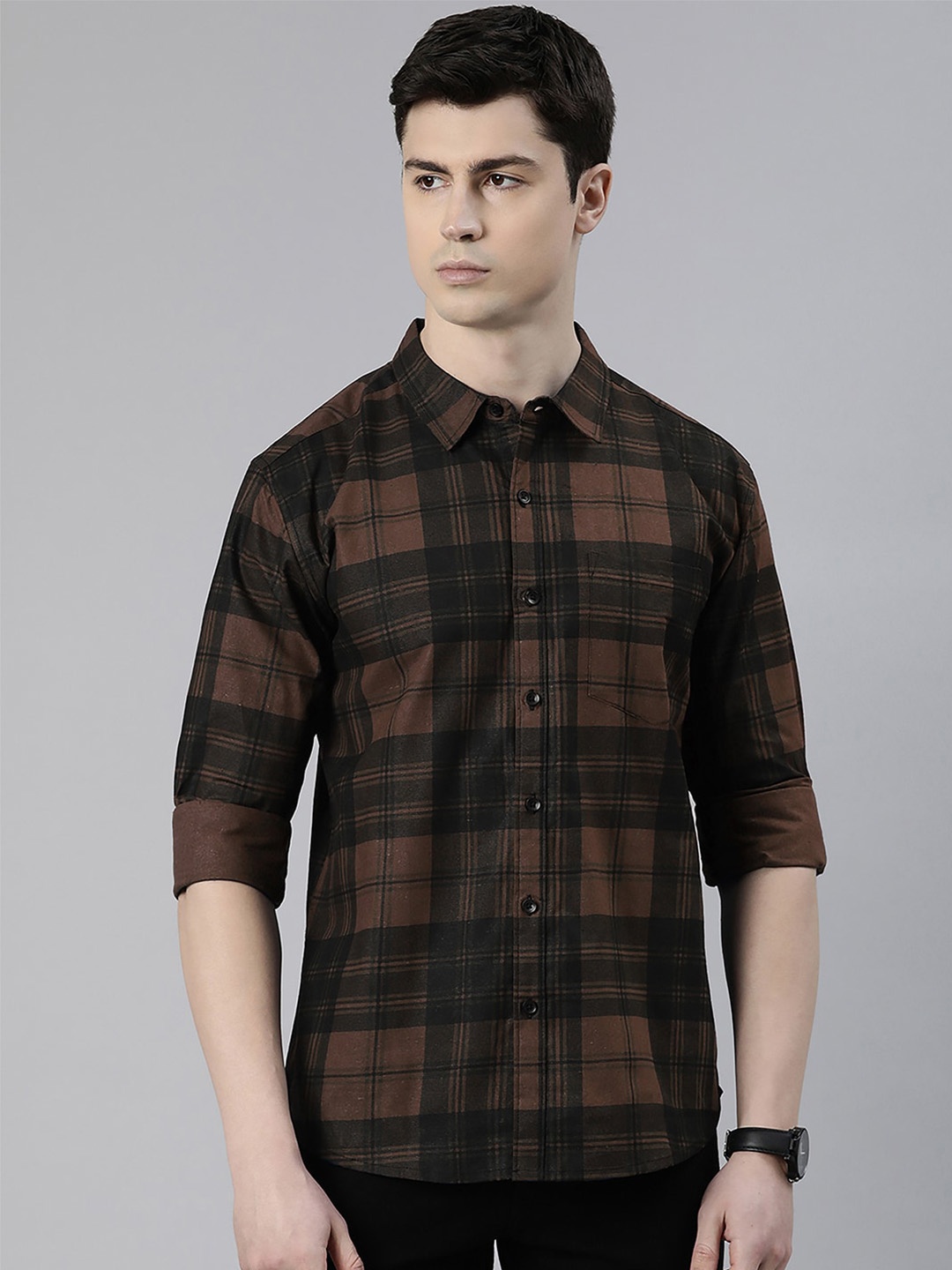 

Metronaut Men Brown Slim Fit Tartan Checks Opaque Checked Casual Shirt