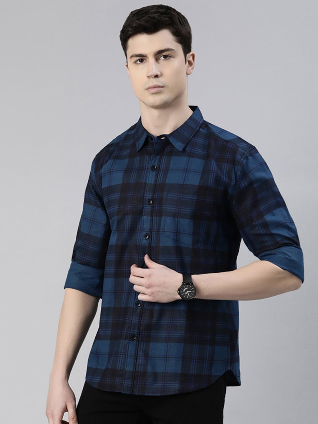 

Metronaut Men Blue Slim Fit Tartan Checks Opaque Checked Casual Shirt