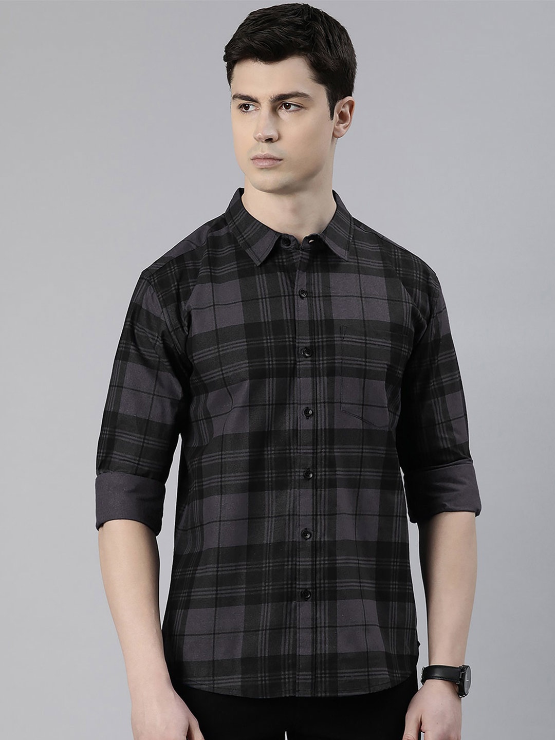 

Metronaut Men Grey Slim Fit Tartan Checks Opaque Checked Casual Shirt