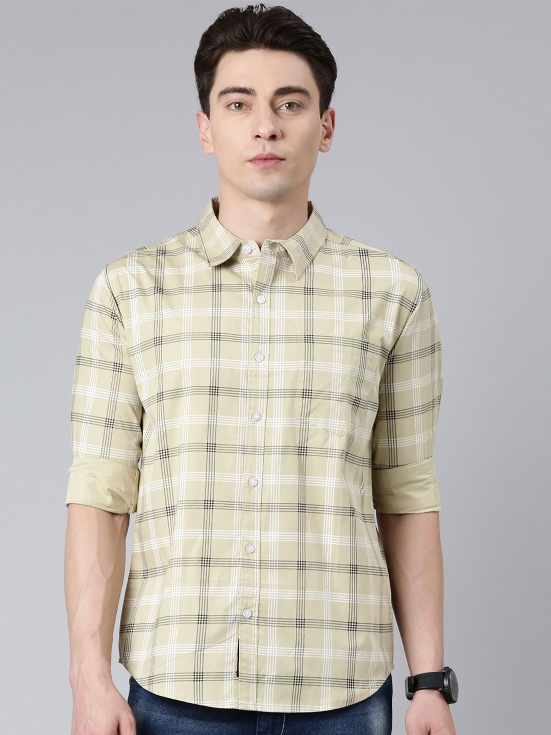 

Metronaut Slim Fit Tartan Checked Casual Cotton Shirt, Beige