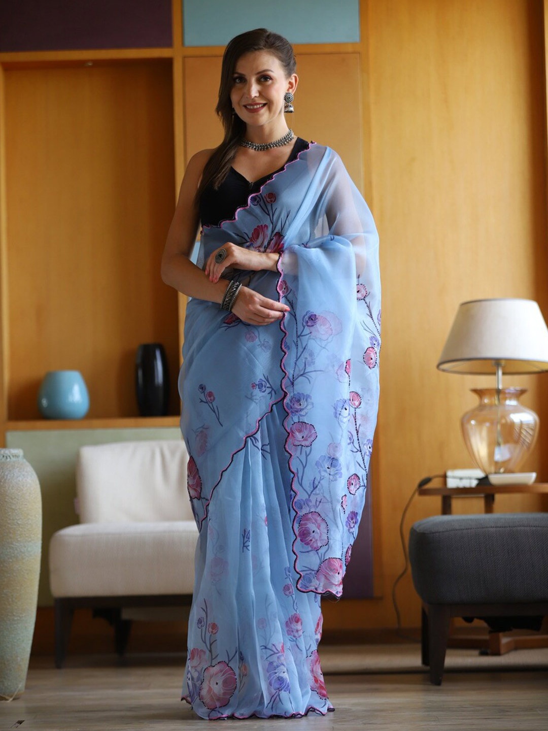 

Atulyam Tex World Floral Printed Beads and Stones Organza Saree, Blue