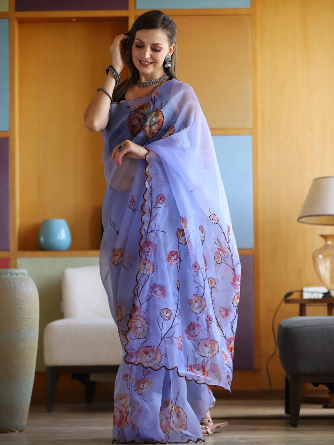 

Atulyam Tex World Floral Printed Beads and Stones Organza Saree, Purple