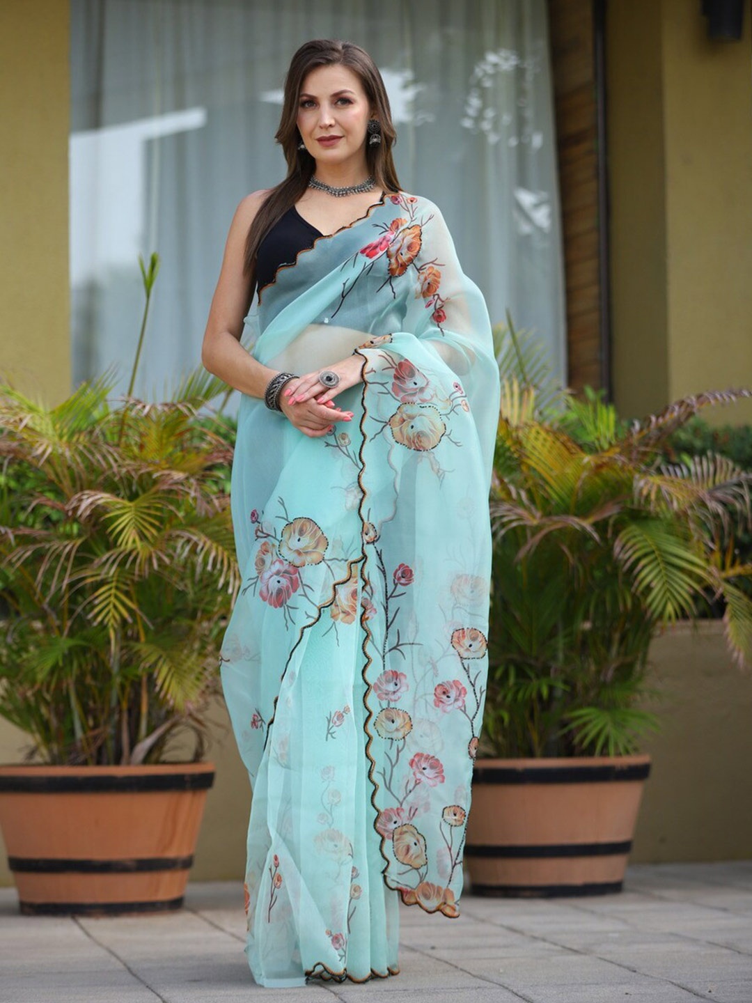 

Atulyam Tex World Floral Printed Beads and Stones Organza Saree, Sea green