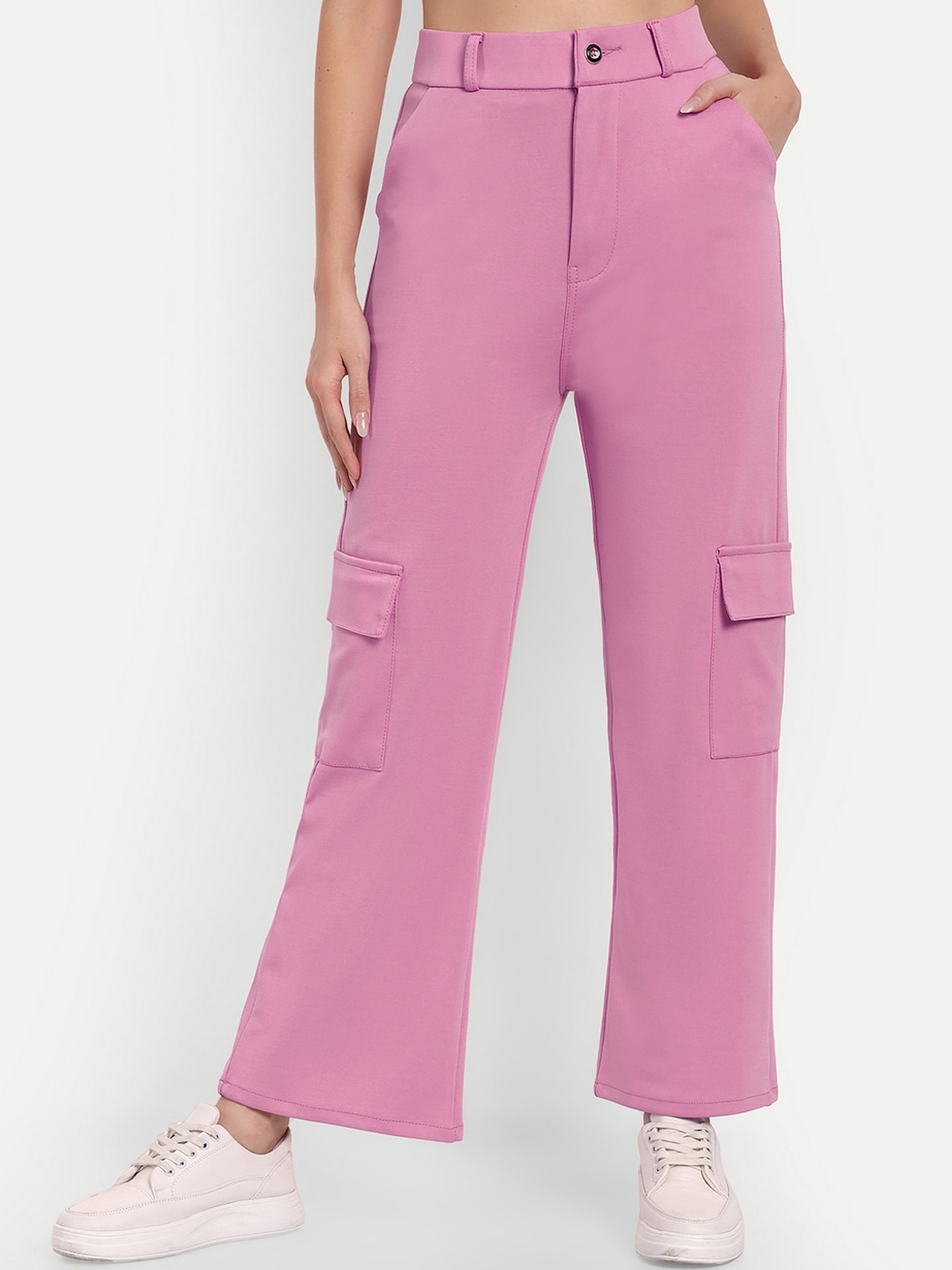 

BROADSTAR Women Smart Straight Fit High-Rise Easy Wash Cargo Trousers, Pink