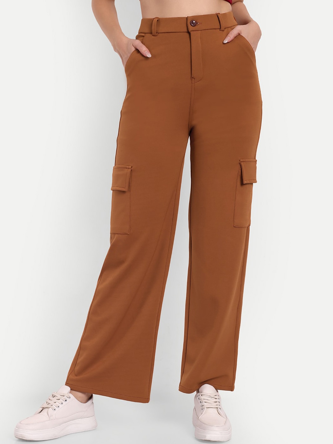 

BROADSTAR Women Smart Straight Fit High-Rise Easy Wash Cargo Trousers, Tan