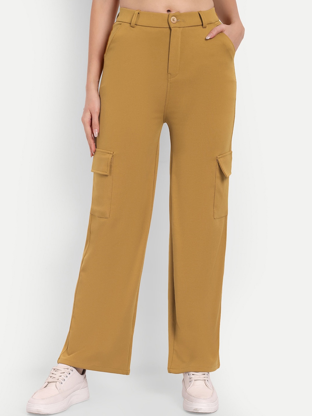 

BROADSTAR Women Smart Straight Fit High-Rise Easy Wash Cargo Trousers, Mustard