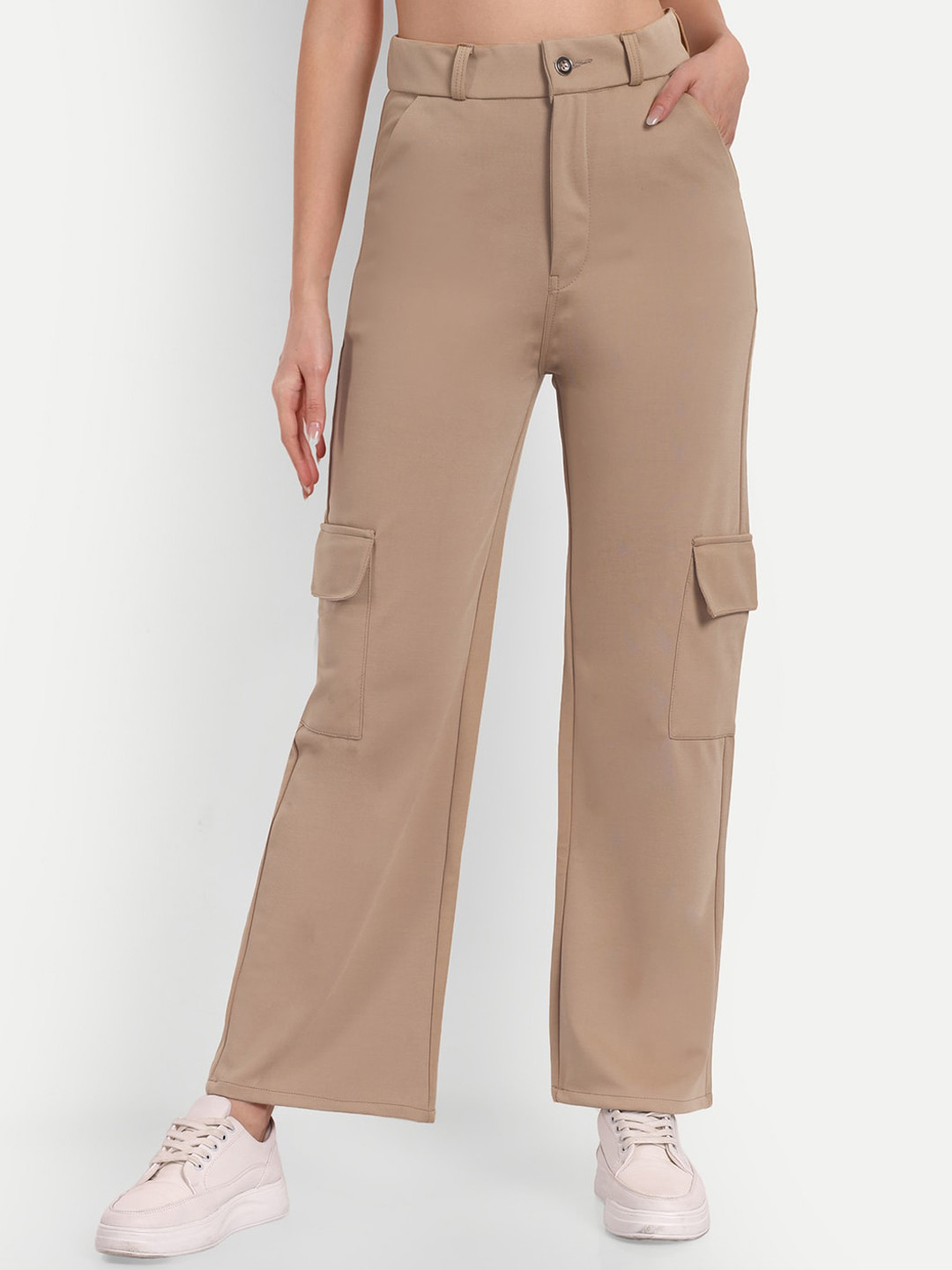 

BROADSTAR Women Smart Straight Fit High-Rise Easy Wash Cargo Trousers, Beige