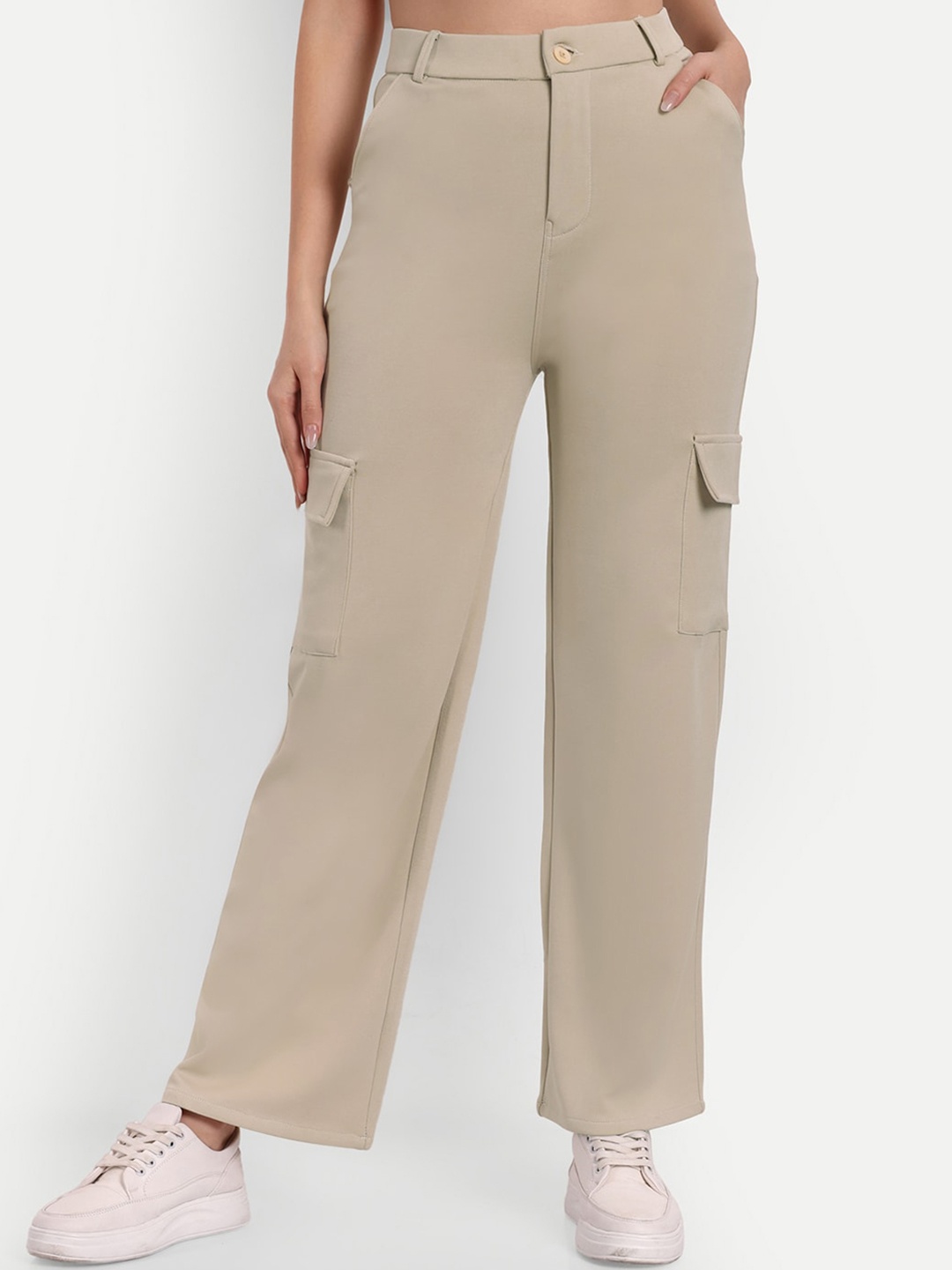 

BROADSTAR Women Smart Straight Fit High-Rise Easy Wash Cargo Trousers, Beige