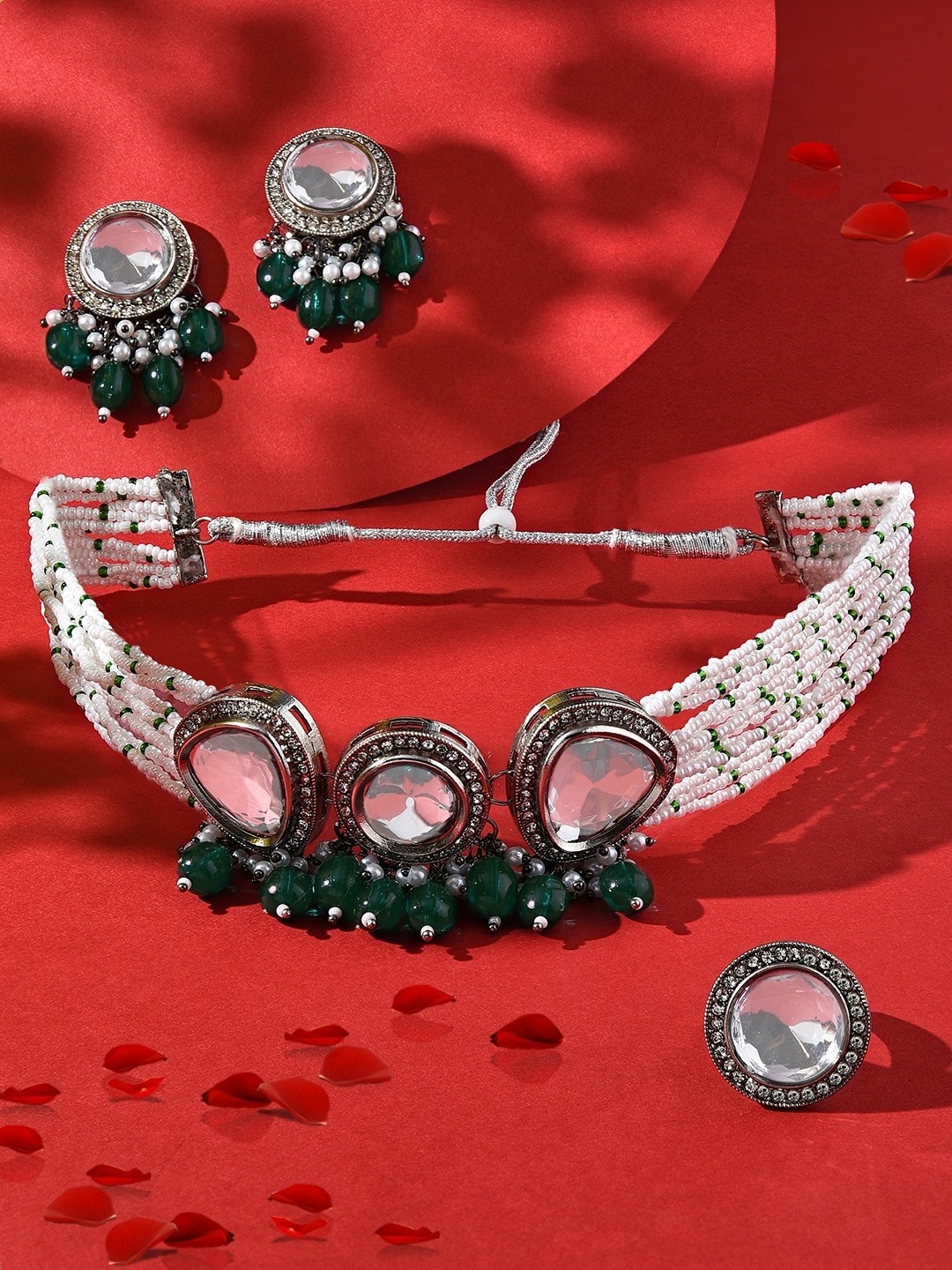 

Zaveri Pearls Silver-Plated Stone-Studded & Beaded Multistrand Jewellery Set