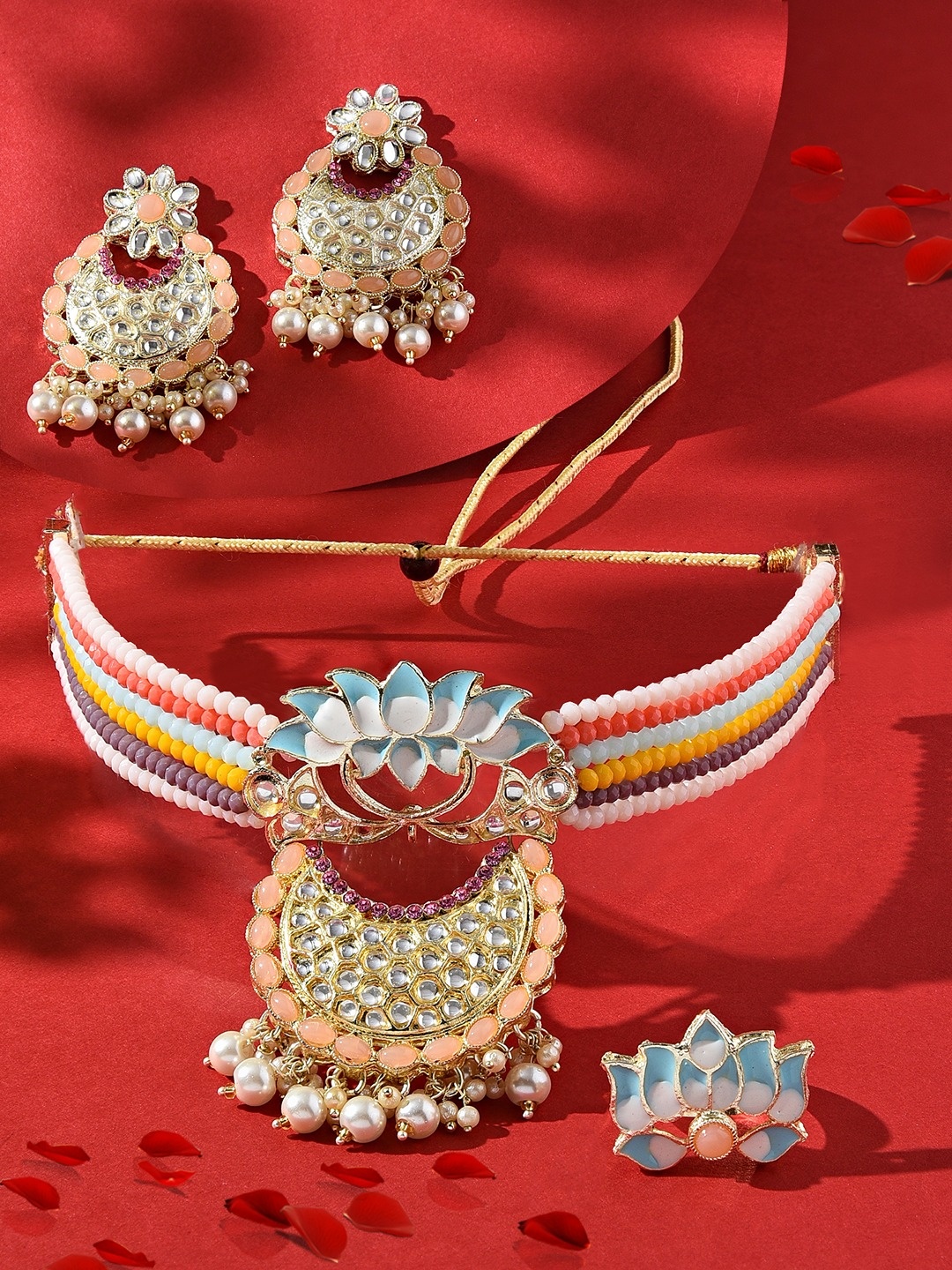 

Zaveri Pearls Gold-Plated Kundan-Studded & Beaded Lotus Meenakari Jewellery Set