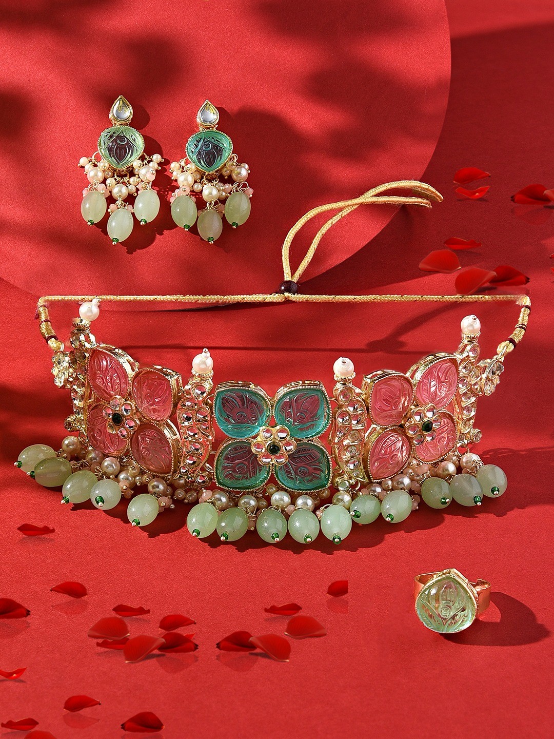 

Zaveri Pearls Gold-Plated Stone-Studded & Beaded Jewellery Set