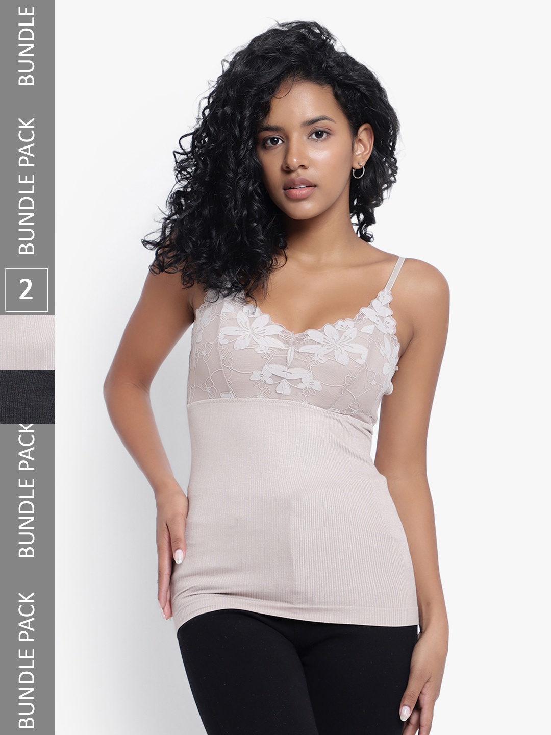 

PARKHA Pack Of 2 Ribbed Detail Lightly-Padded Camisoles, Black