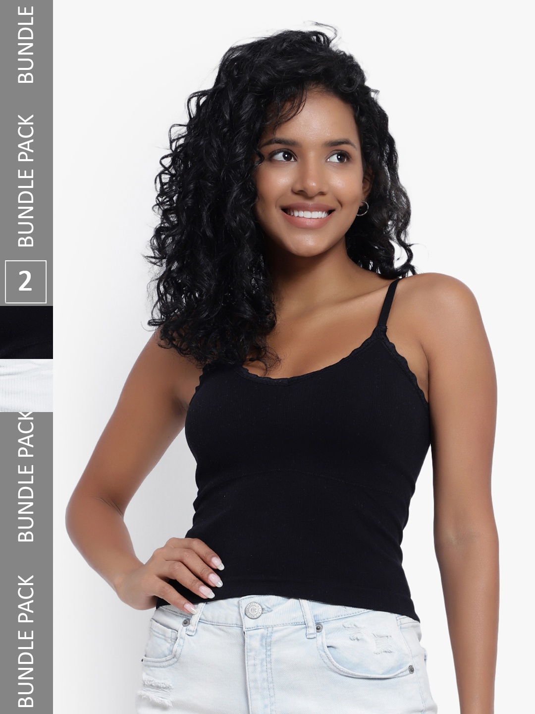 

PARKHA Pack Of 2 Ribbed Detail Lightly-Padded Camisoles, Black