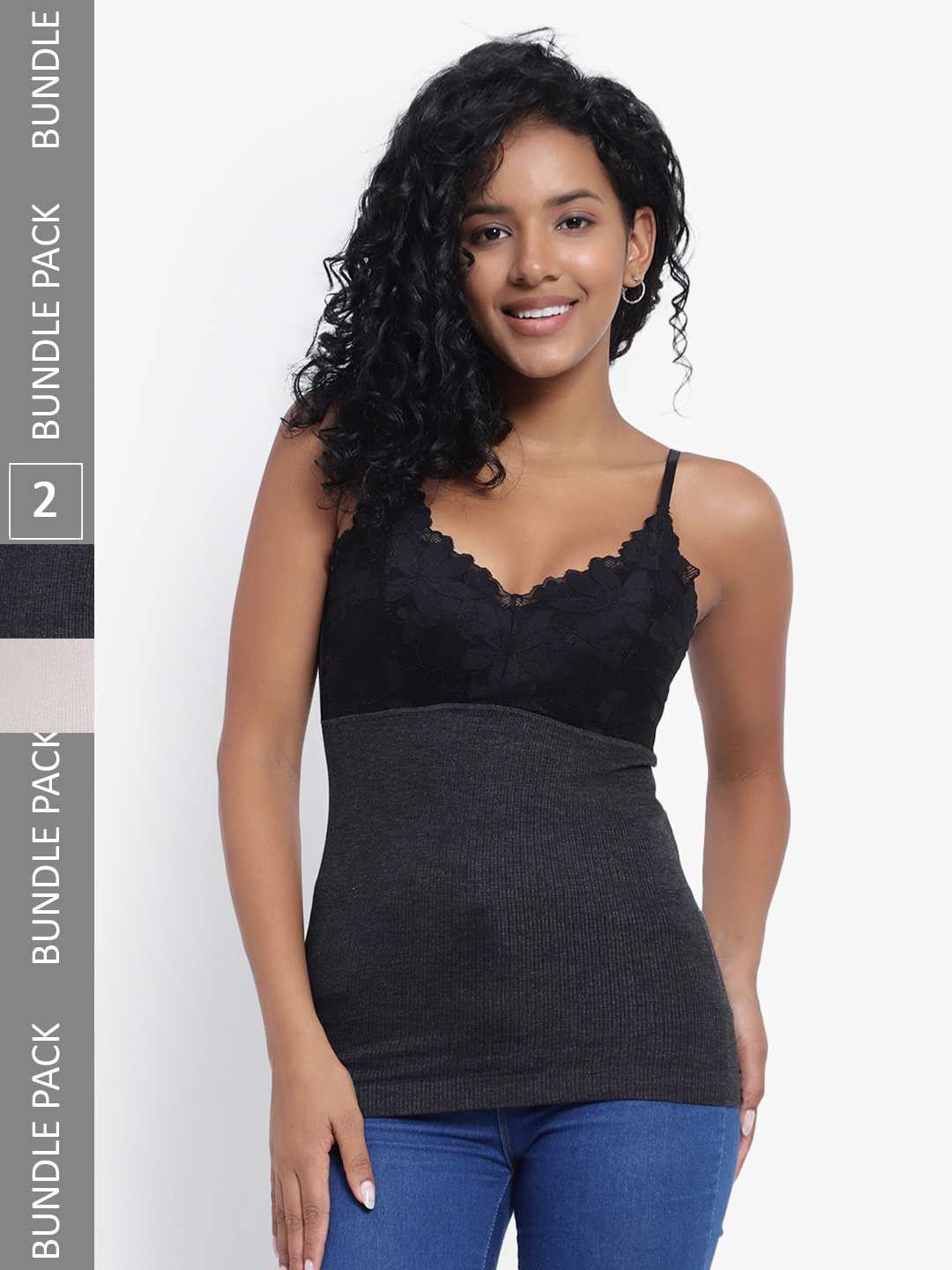 

PARKHA Pack Of 3 Ribbed Detail Lightly-Padded Camisoles, Black