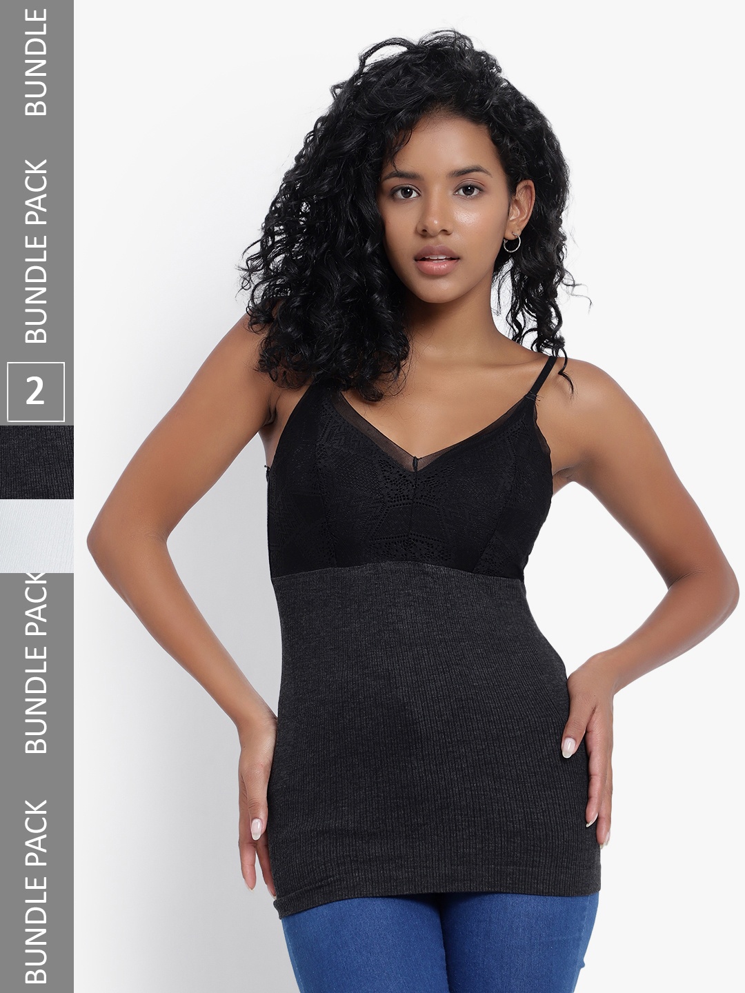 

PARKHA Pack Of 2 Ribbed Detail Lightly-Padded Camisoles, Black