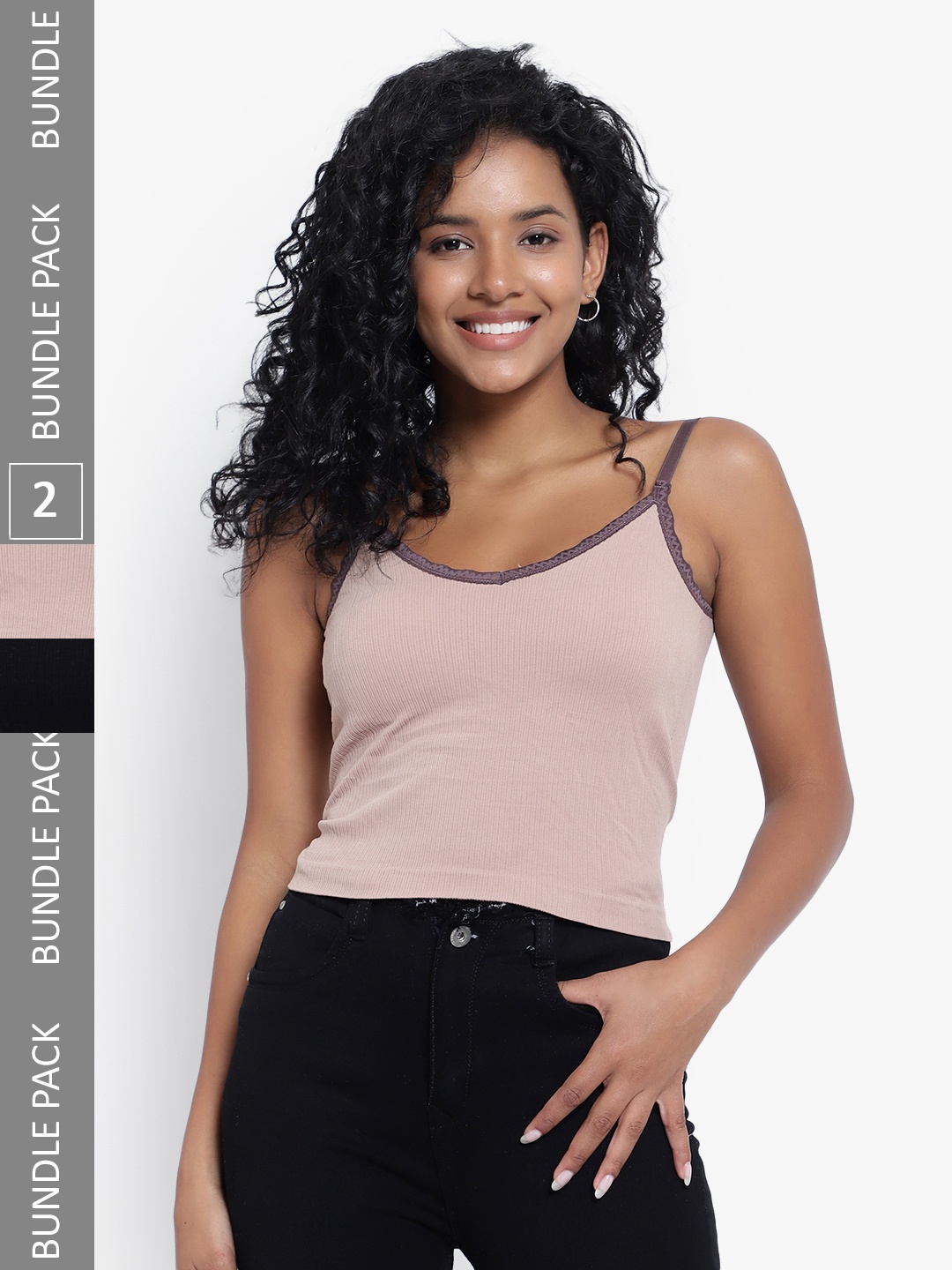 

PARKHA Pack Of 2 Ribbed Detail Lightly-Padded Camisoles, Black