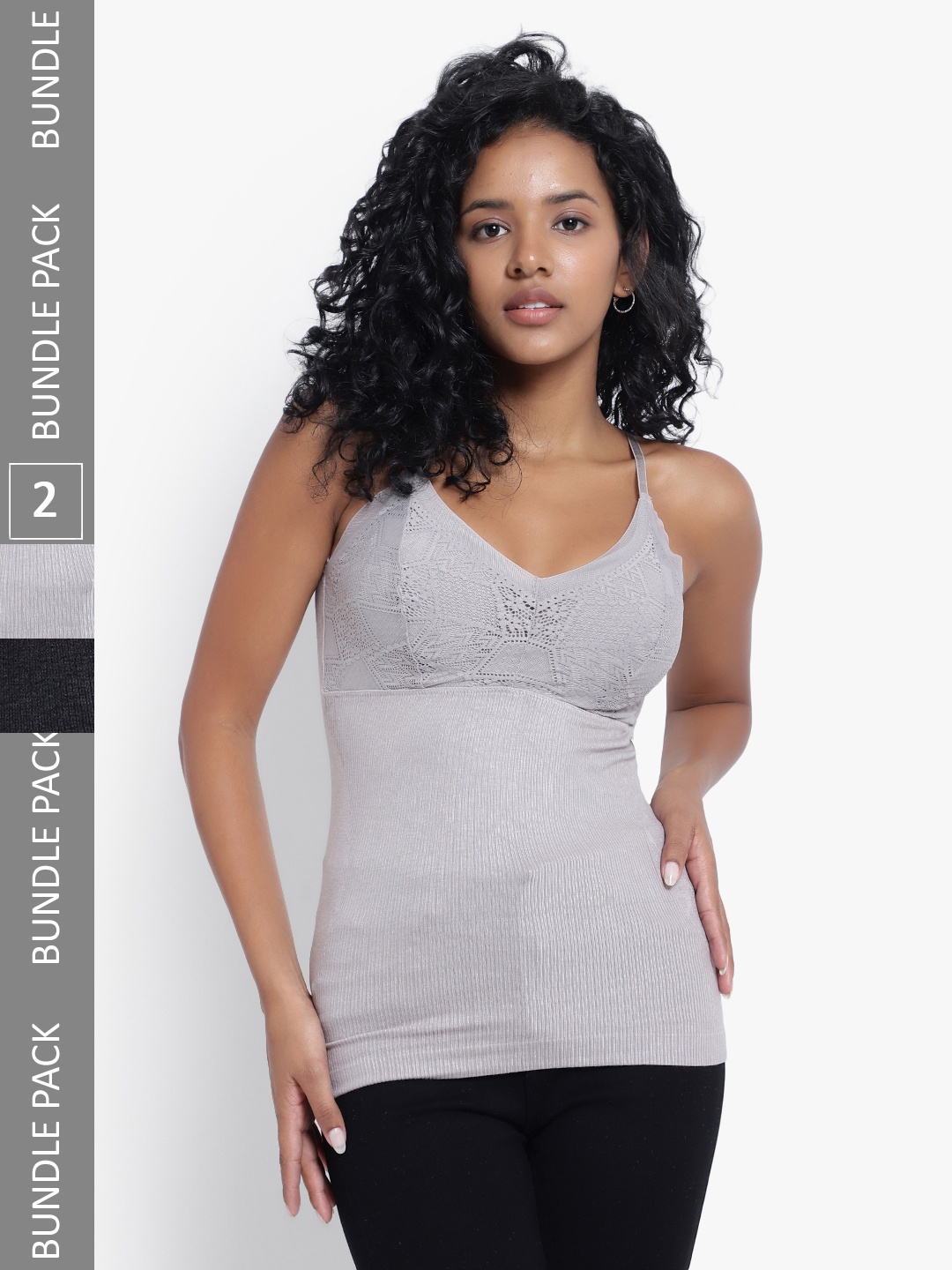 

PARKHA Pack Of 3 Ribbed Detail Lightly-Padded Camisoles, Black