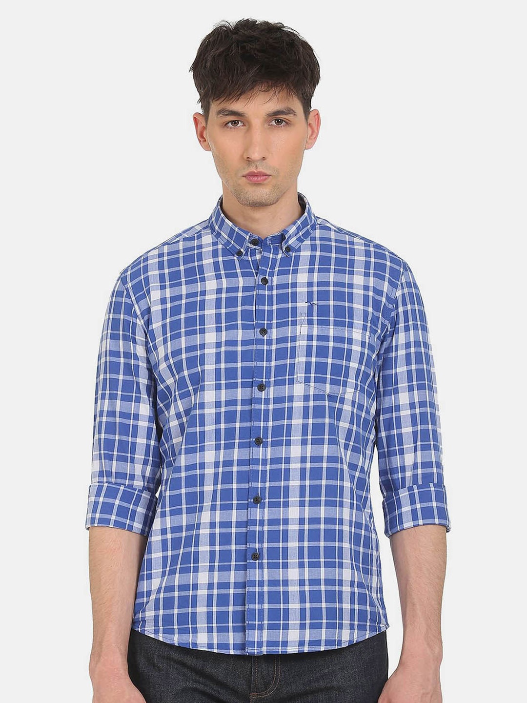 

Flying Machine Men Blue Tartan Checks Opaque Checked Casual Shirt