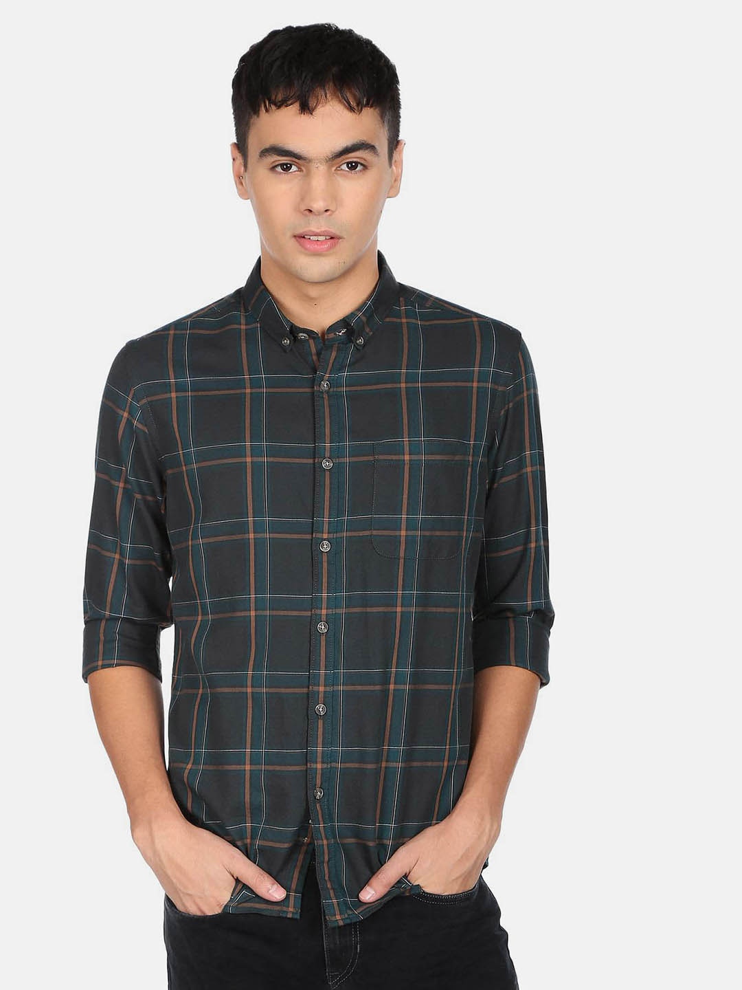 

Flying Machine Men Green Tartan Checks Opaque Checked Casual Shirt