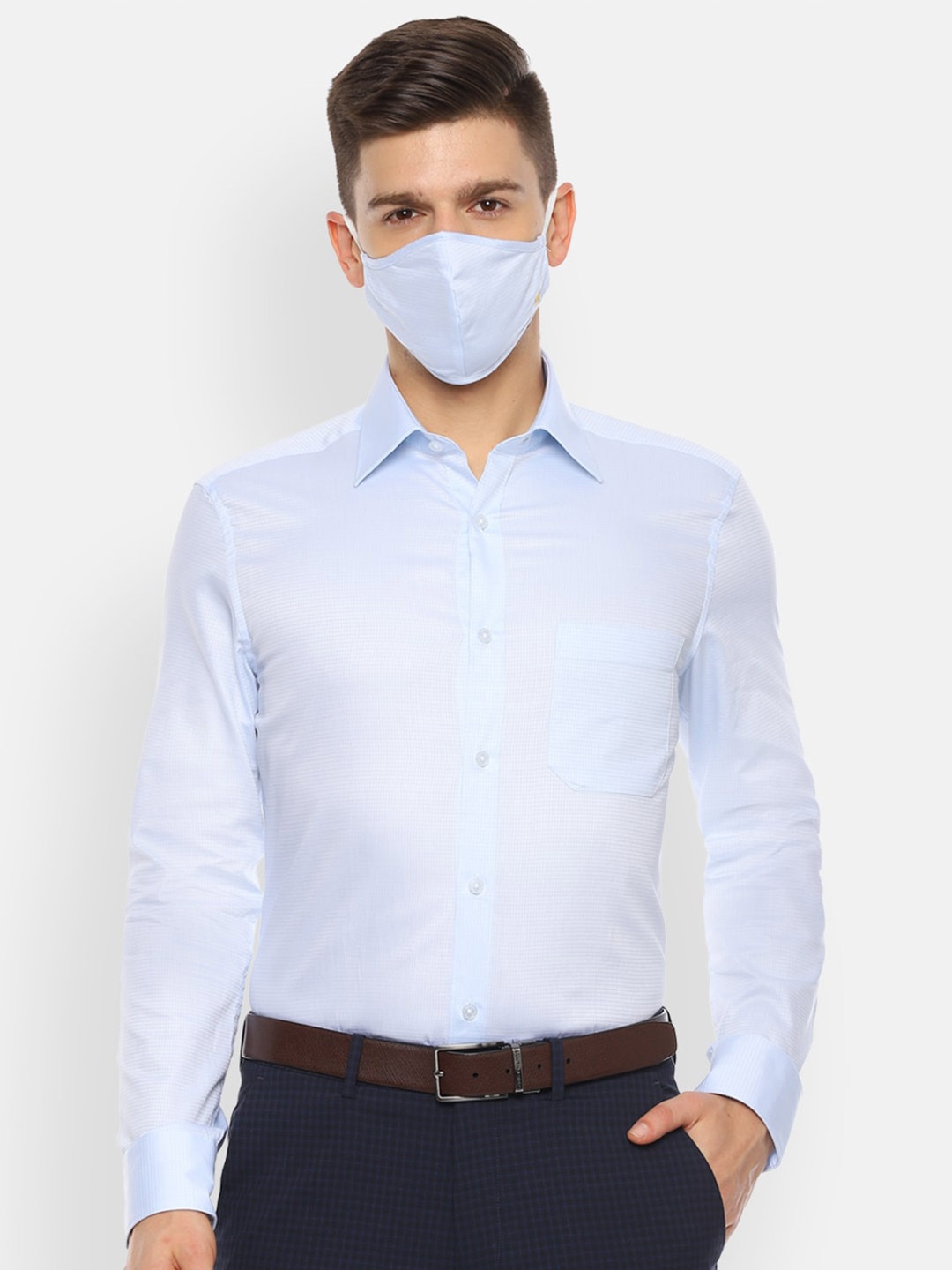 

Louis Philippe Spread Collar Formal Pure Cotton Shirt With Mask, Blue