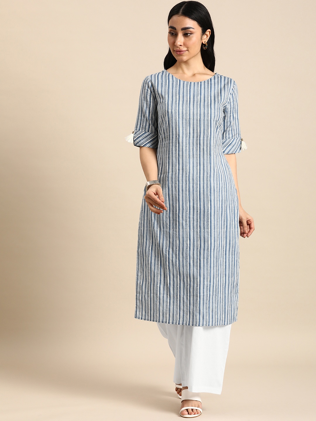 

Anouk Women Striped Regular Pure Cotton Kurta with Palazzos, Blue