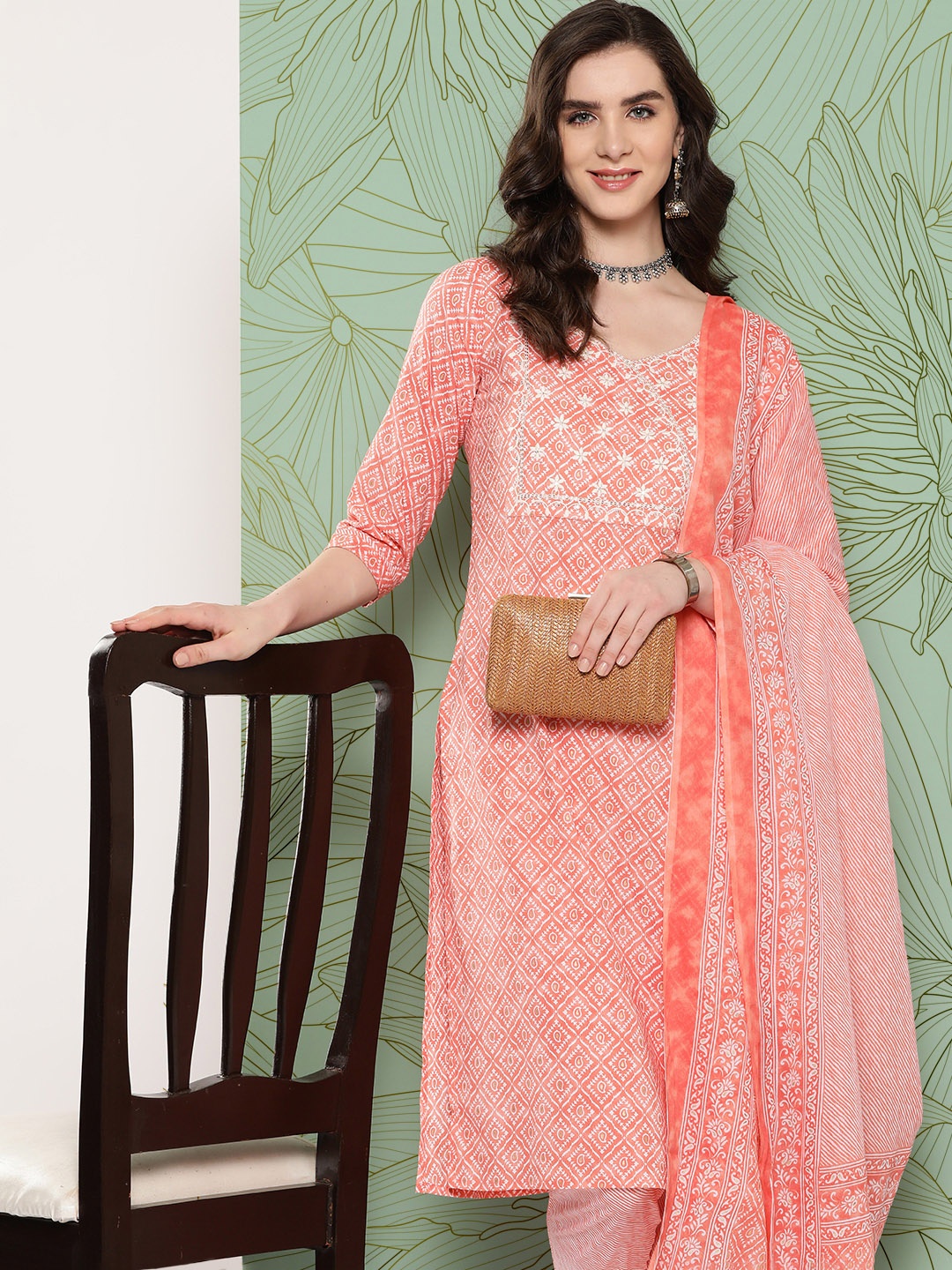 

Yufta Women Ethnic Motifs Embroidered Kurta with Trousers & Dupatta, Peach